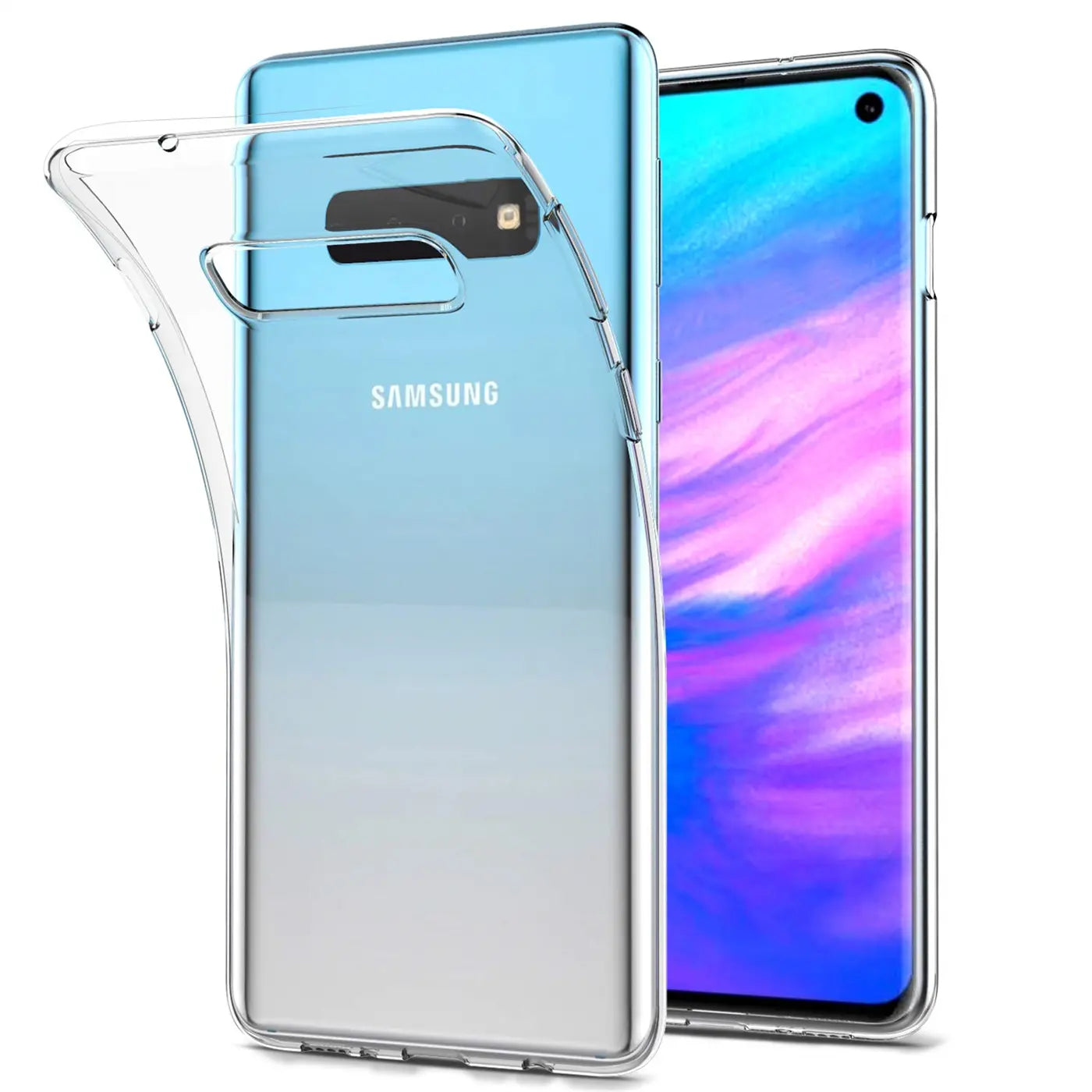 Klares, dünnes Handyhülle aus Kunststoff, zeigt Rückseite und Vorderseite eines Samsung Galaxy S10e.