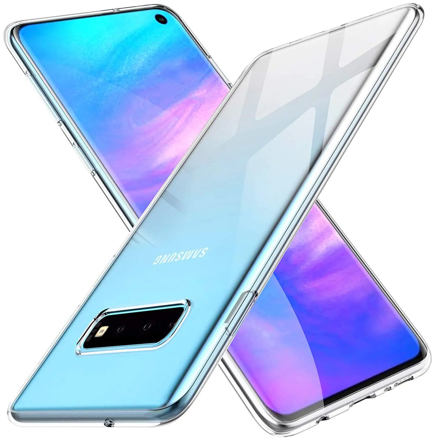 Klares, dünnes Handyhülle aus Kunststoff, Vorder- und Rückansicht, Samsung Galaxy S10e.