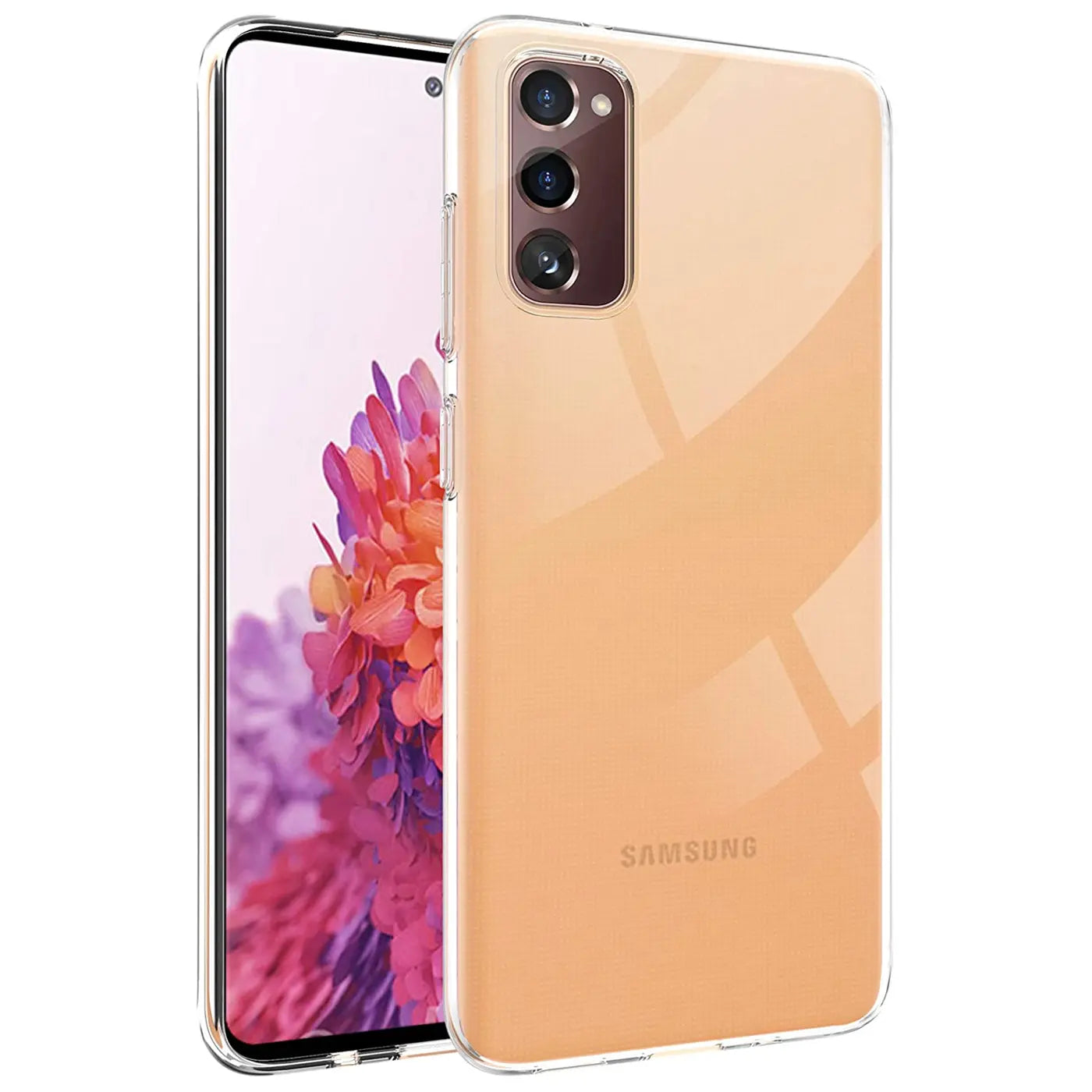 Klar, transparentes Handycase aus TPU um ein Samsung Galaxy S20 FE, von vorne rechts gesehen.
