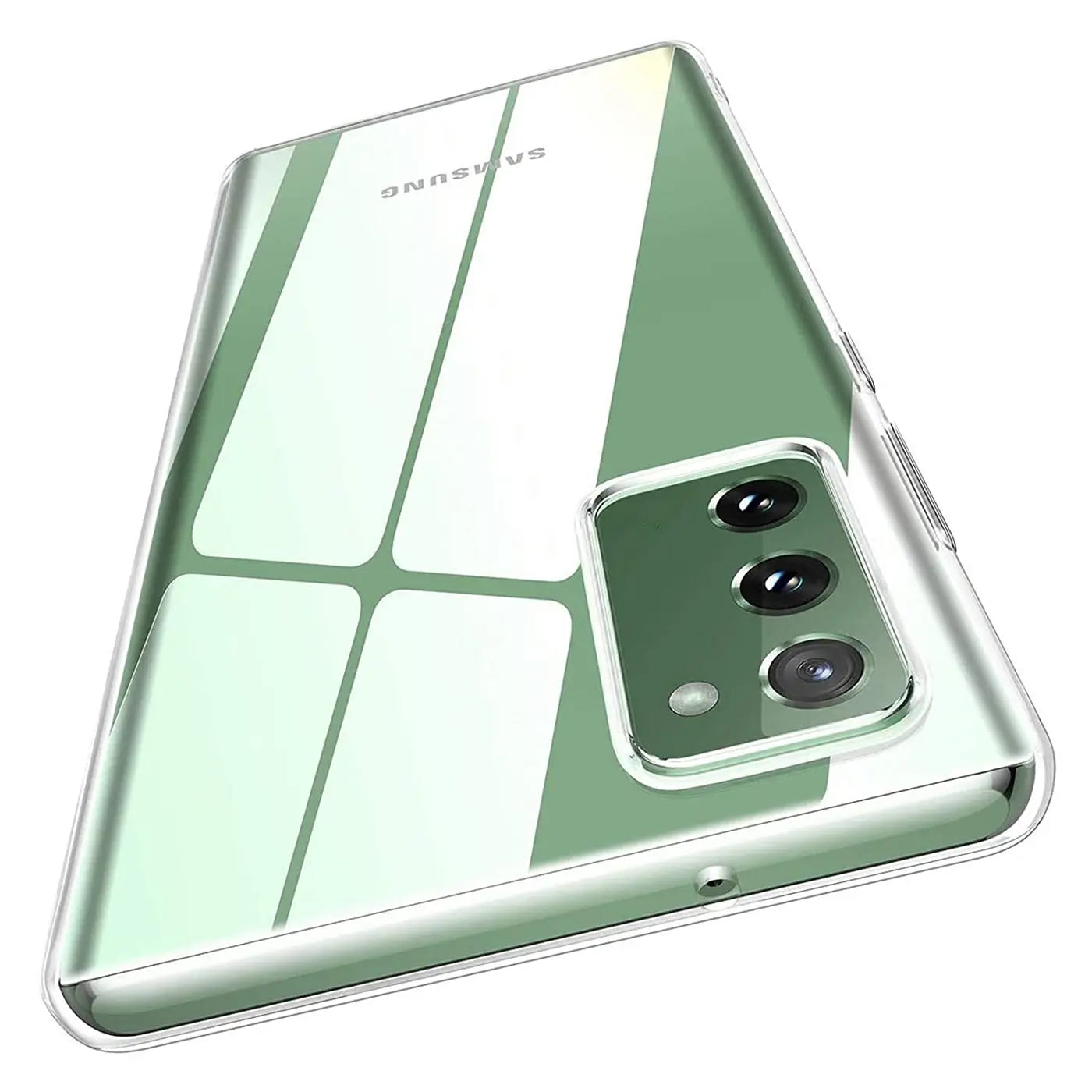 Klar, transparentes Handy-Case auf Samsung Galaxy S20 FE, Rückseite, schräg von oben.