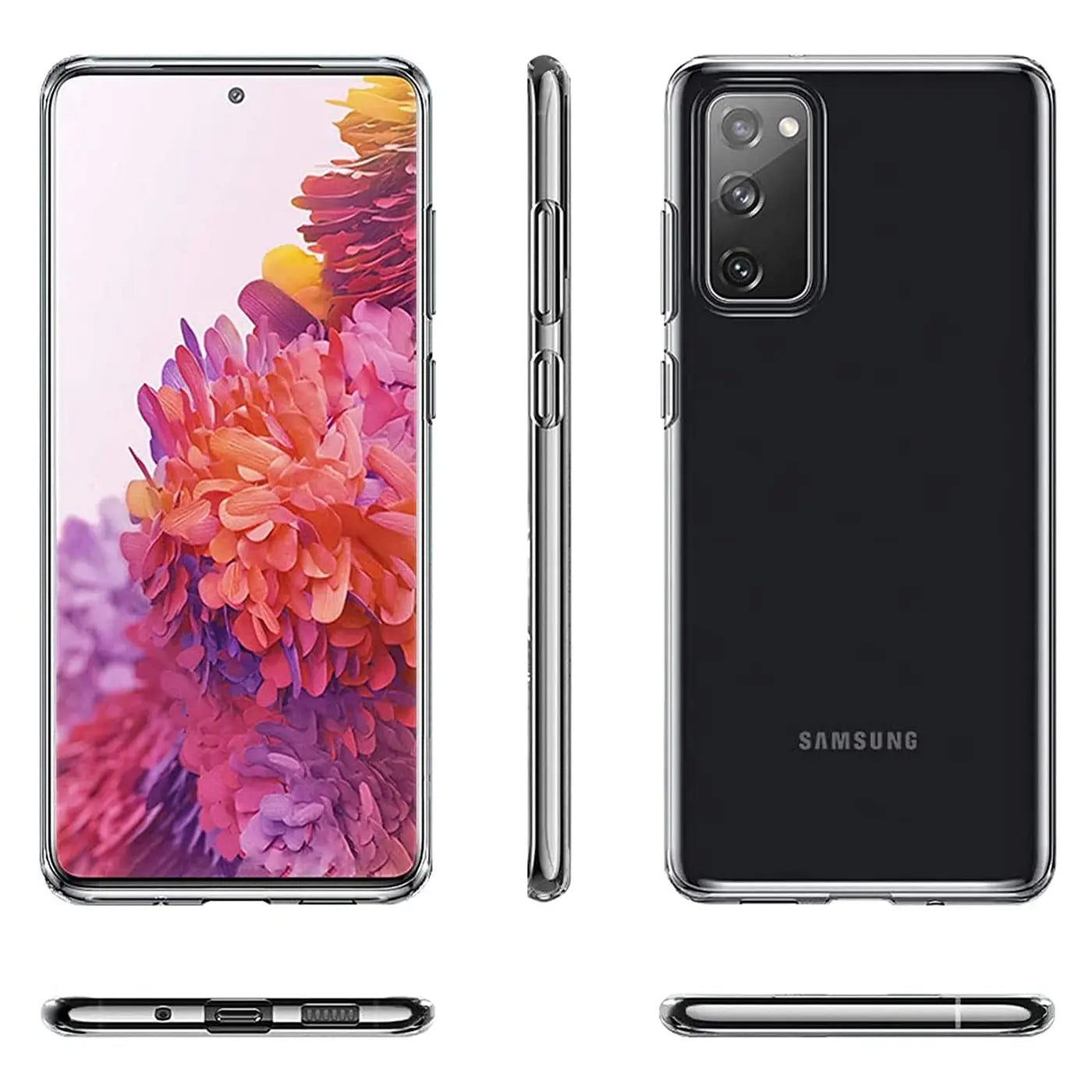 Samsung Galaxy S20 FE mit durchsichtiger Hülle, Vorder-, Seiten- und Rückansicht.