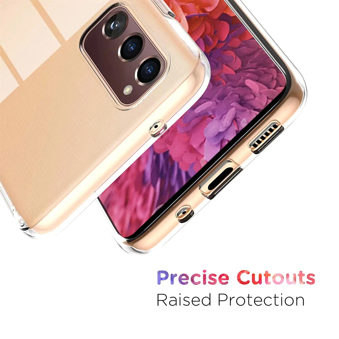 Transparente Hülle aus Kunststoff, Nahaufnahme, zeigt Samsung S20 FE mit Kamera.