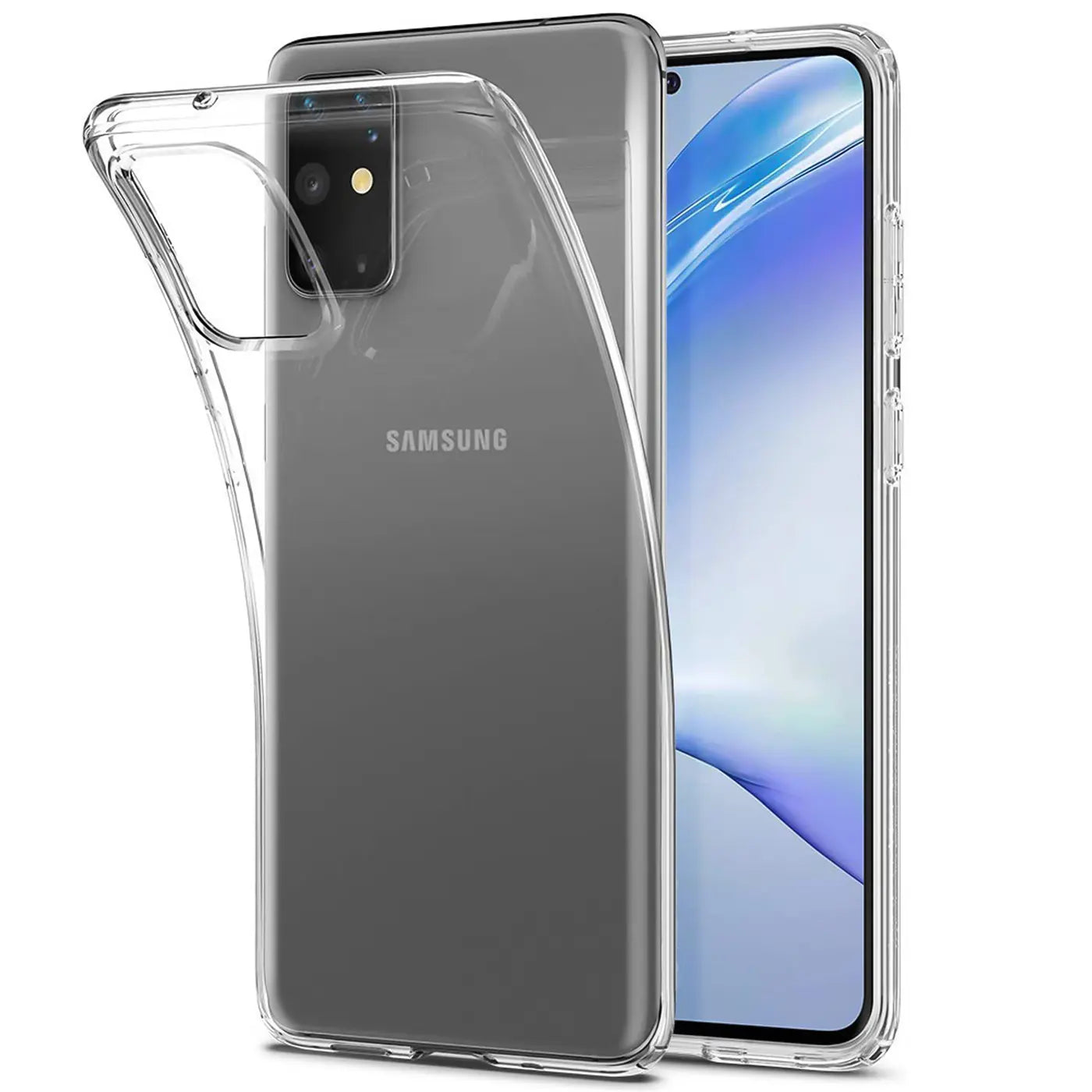 Klares, transparentes Silikon-Case auf einem Samsung Galaxy S20 Plus, von vorne links betrachtet.