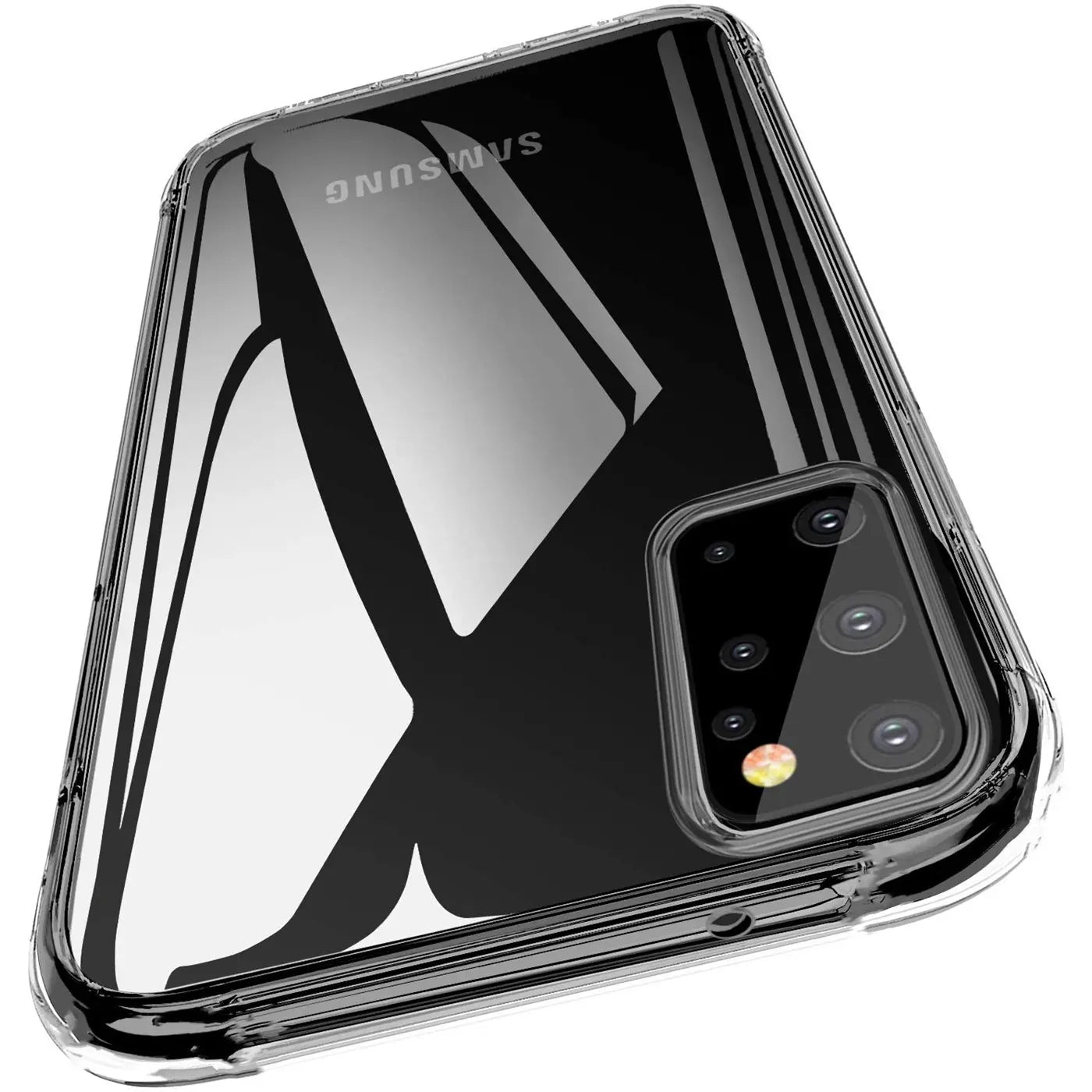 Samsung Galaxy S20 Plus in klarem, transparentem Case, Rückansicht, von oben rechts