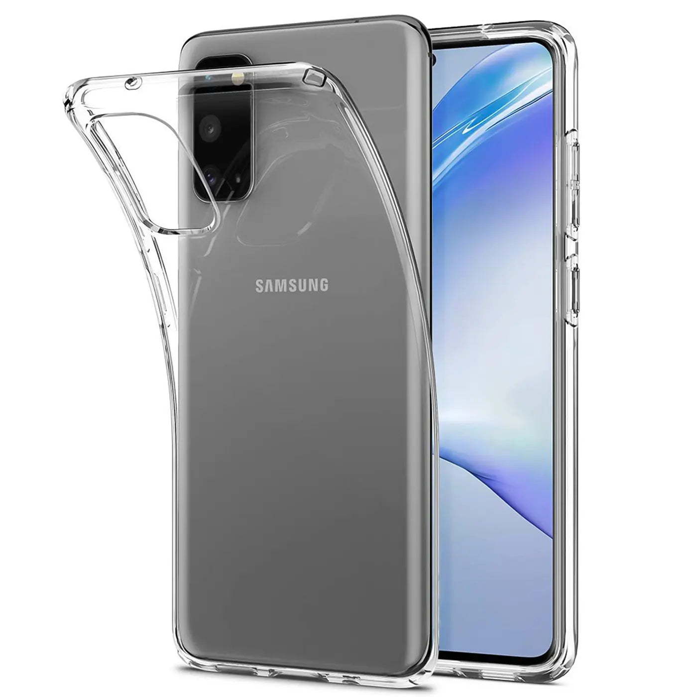 Klares, transparentes Silikon-Case wird auf ein Samsung Galaxy S20 aufgesetzt.