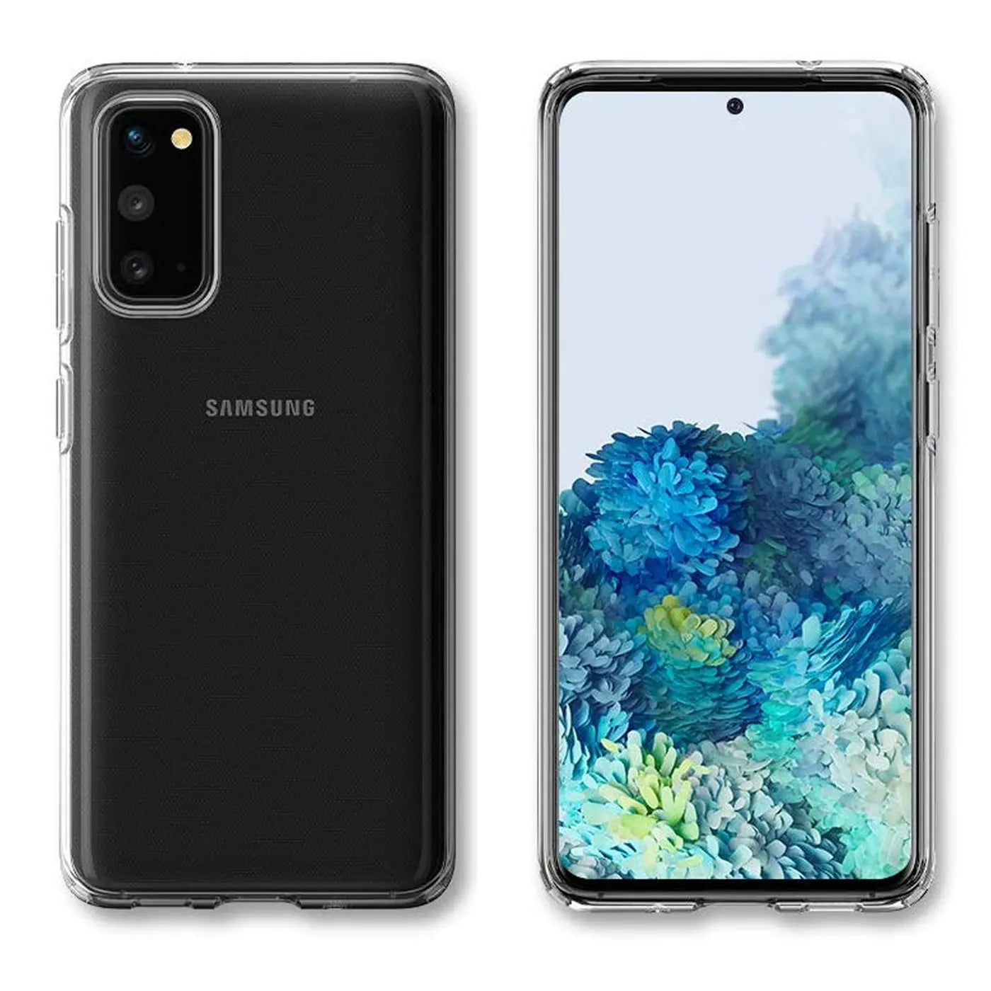 Samsung Galaxy S20 in klarem, dünnem Case, Rückseite und Vorderseite, aus Kunststoff