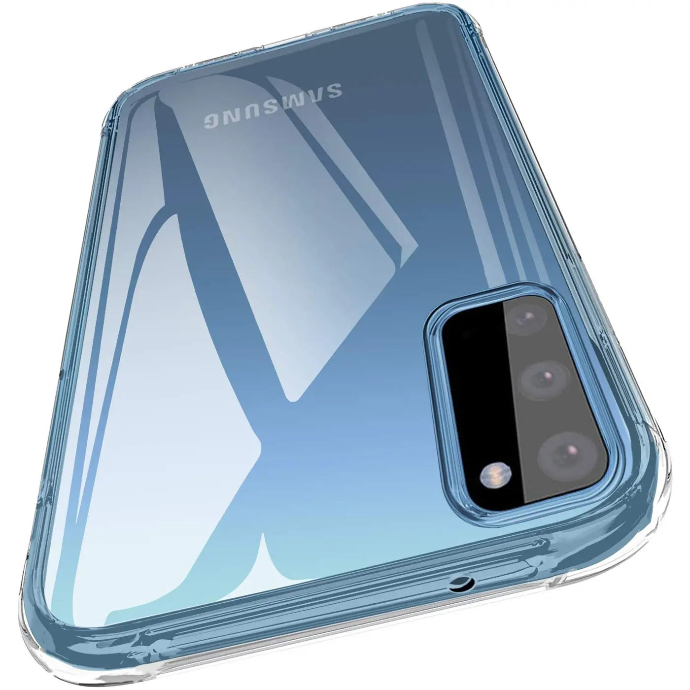 Klar, durchsichtiges Schutzcase aus Kunststoff, von hinten oben links auf ein Samsung Galaxy S20 aufgesetzt.