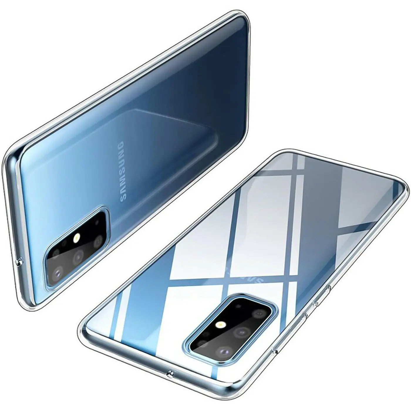 Samsung Galaxy S20 in transparentem Case, von oben/seitlich, mit Kamera.