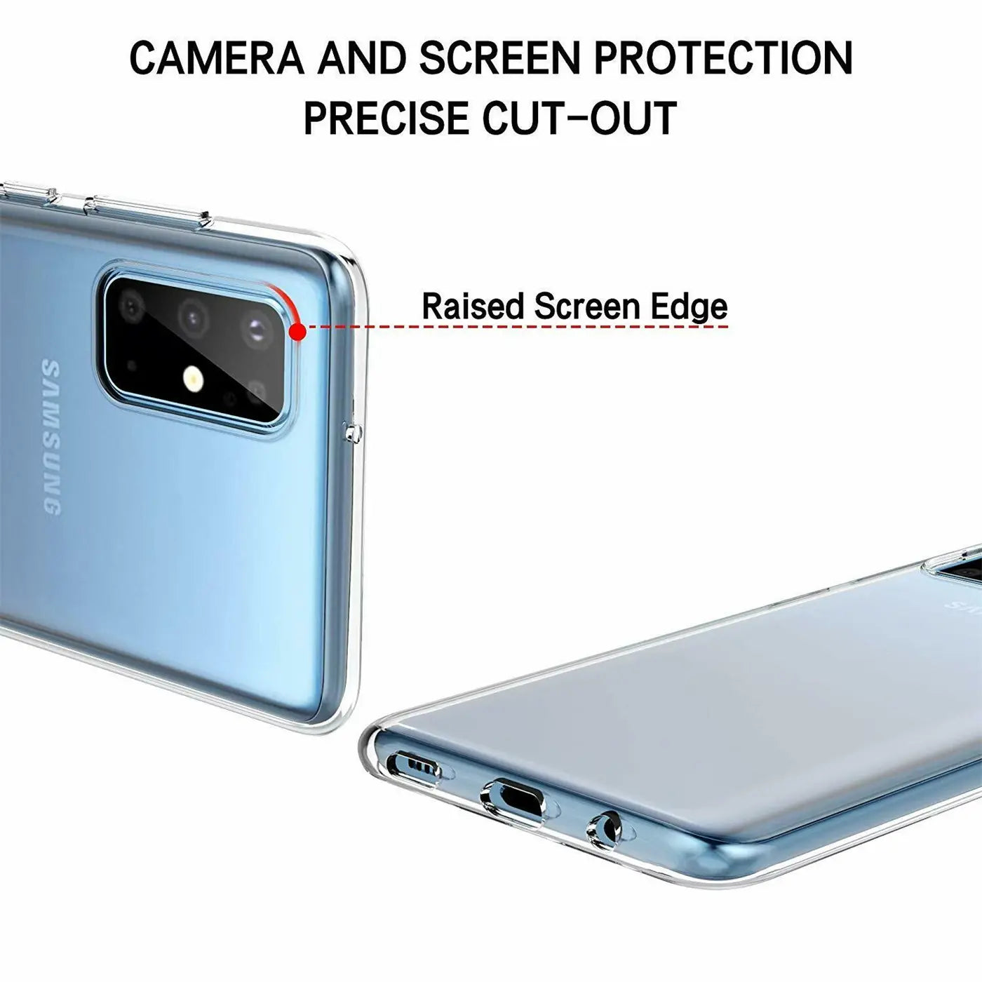 Klar, durchsichtiges Handycase auf Samsung Galaxy S20, Rückseite und Unterseite gezeigt.