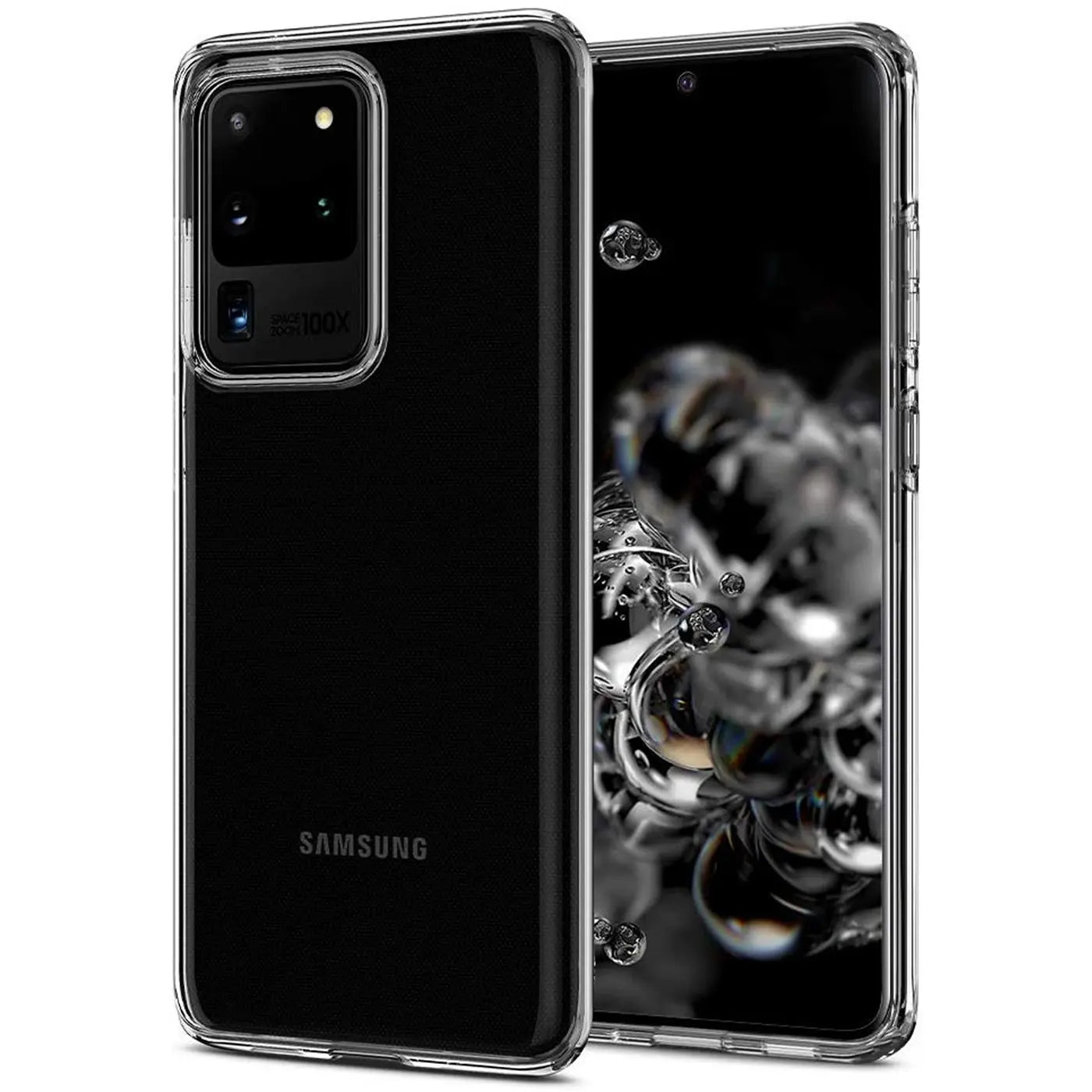 Klares, transparentes Handyhülle aus Kunststoff, zeigt Rückseite und Vorderseite eines Samsung Galaxy S20 Ultra.
