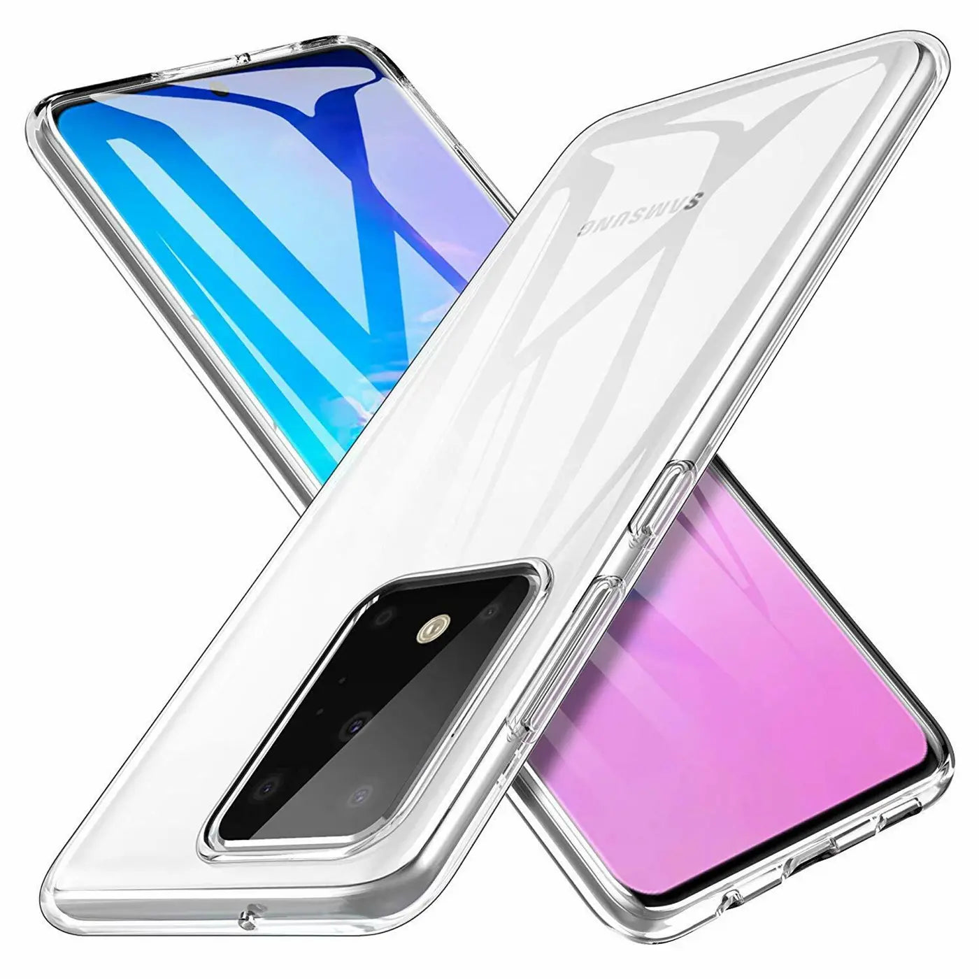 Klares Handyhülle aus Kunststoff, zeigt Samsung S20 Ultra, von vorne/oben.