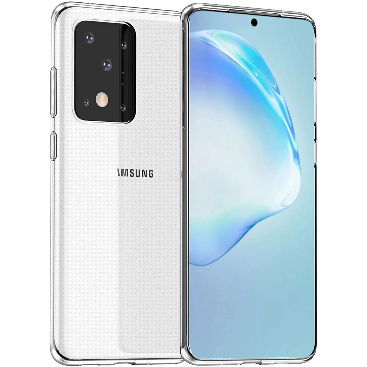 Samsung Galaxy S20 Ultra in durchsichtiger Hülle, von vorne und hinten, aus Kunststoff.
