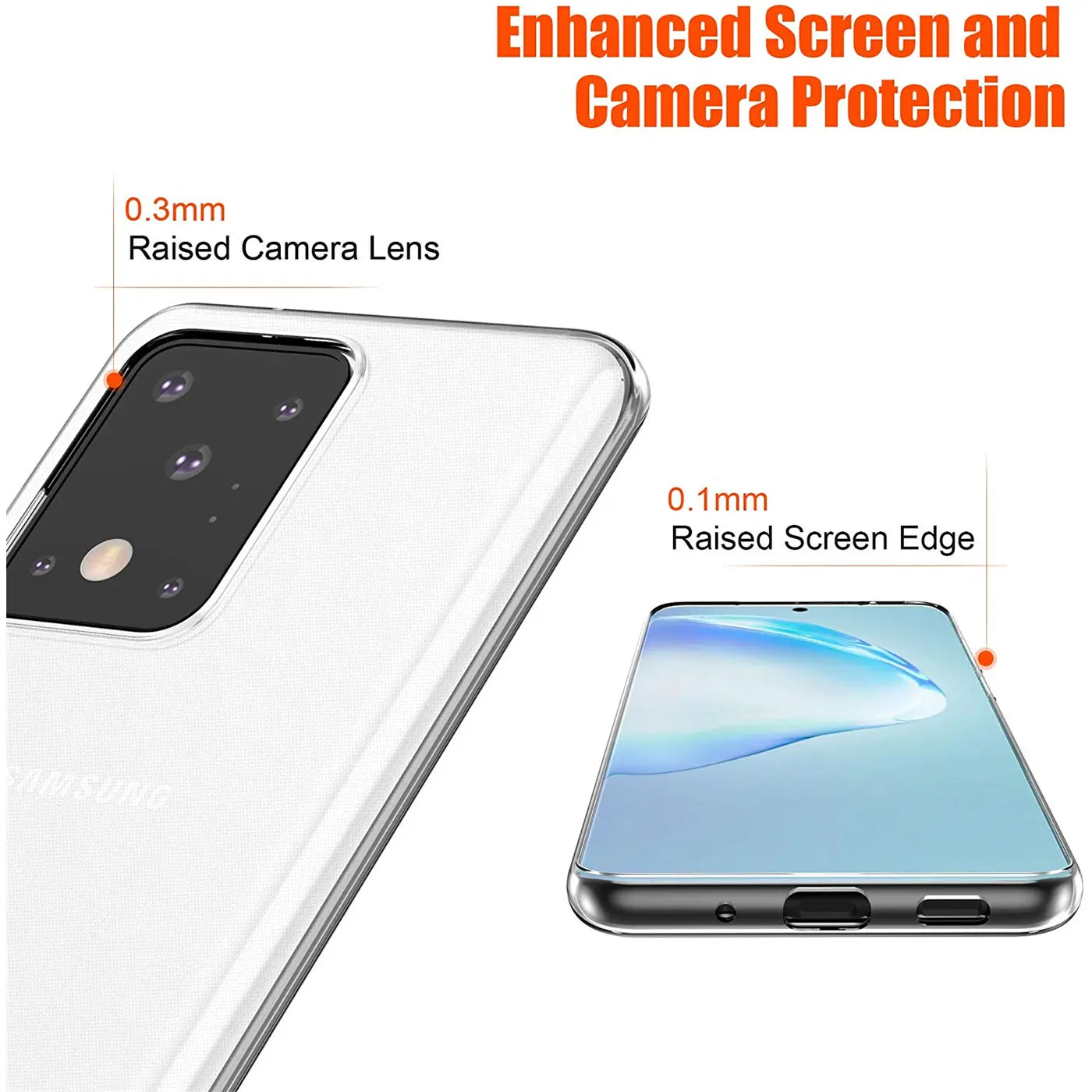 Klarer Schutz für Samsung S20 Ultra, zeigt erhöhte Kamera und Bildschirmkante.