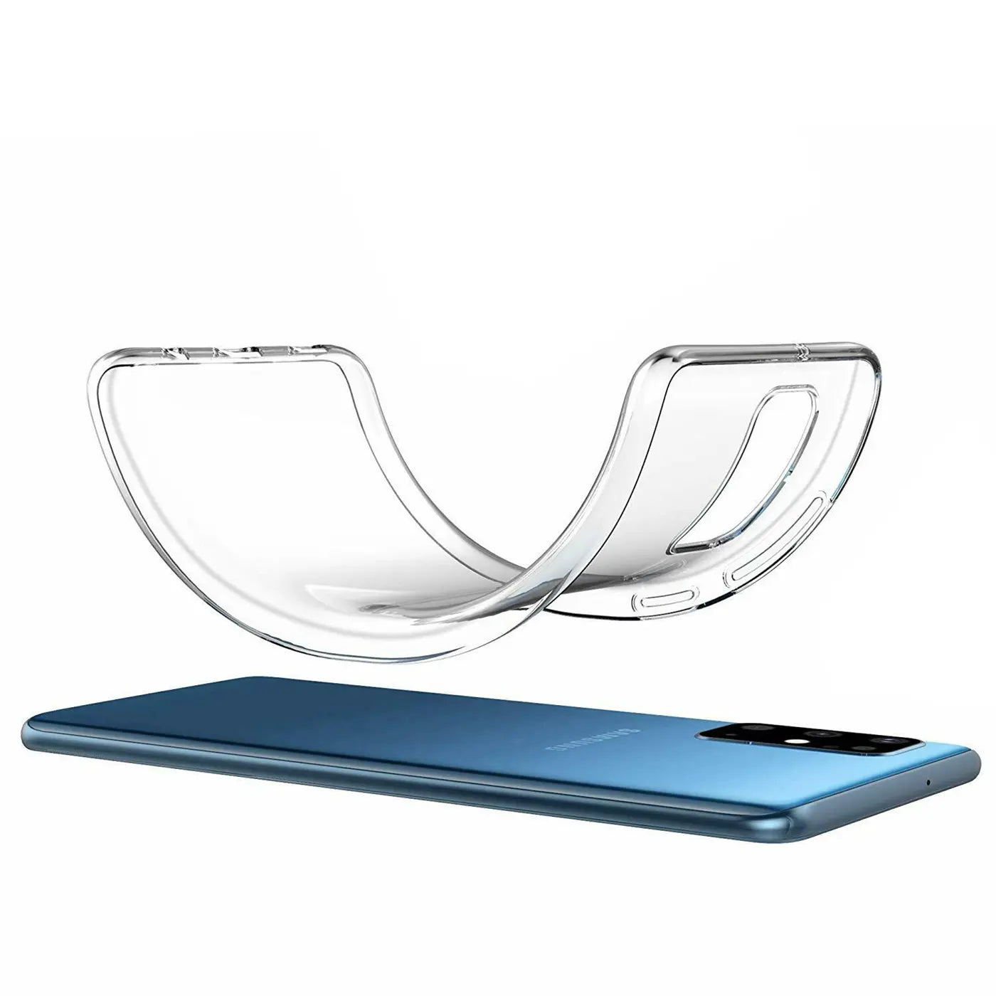 Klares, flexibles Handyhülle aus Silikon über einem blauen Samsung Galaxy S20 Ultra, von oben gesehen.