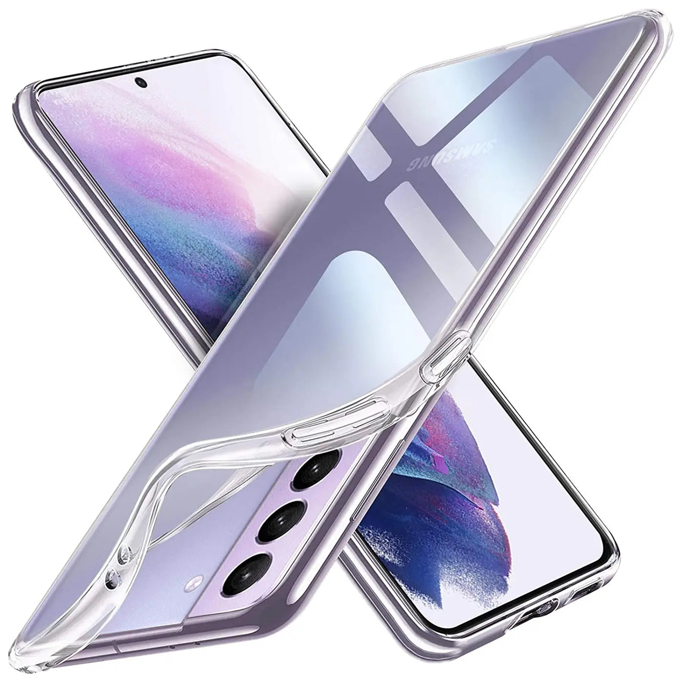 Klar, transparentes Handyhülle aus Kunststoff, schräg von vorne, zeigt Samsung Galaxy S21 FE.