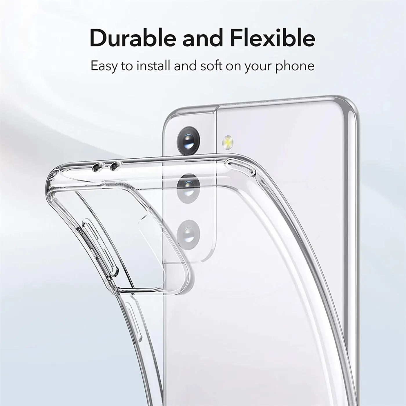 Klar, flexibles TPU-Case, Nahaufnahme, Samsung Galaxy S21 FE Rückseite sichtbar.