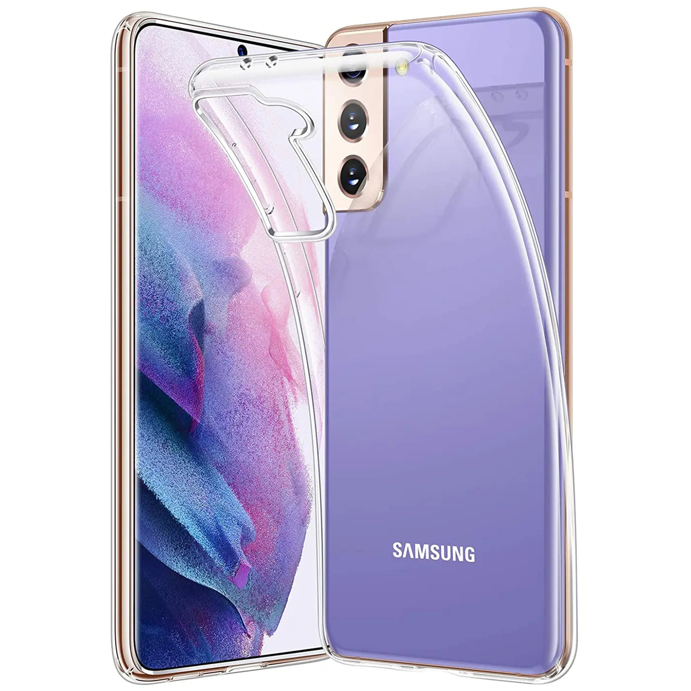 Klar, durchsichtiges Handy-Case aus Kunststoff, das ein Samsung Galaxy S21 Plus umhüllt.
