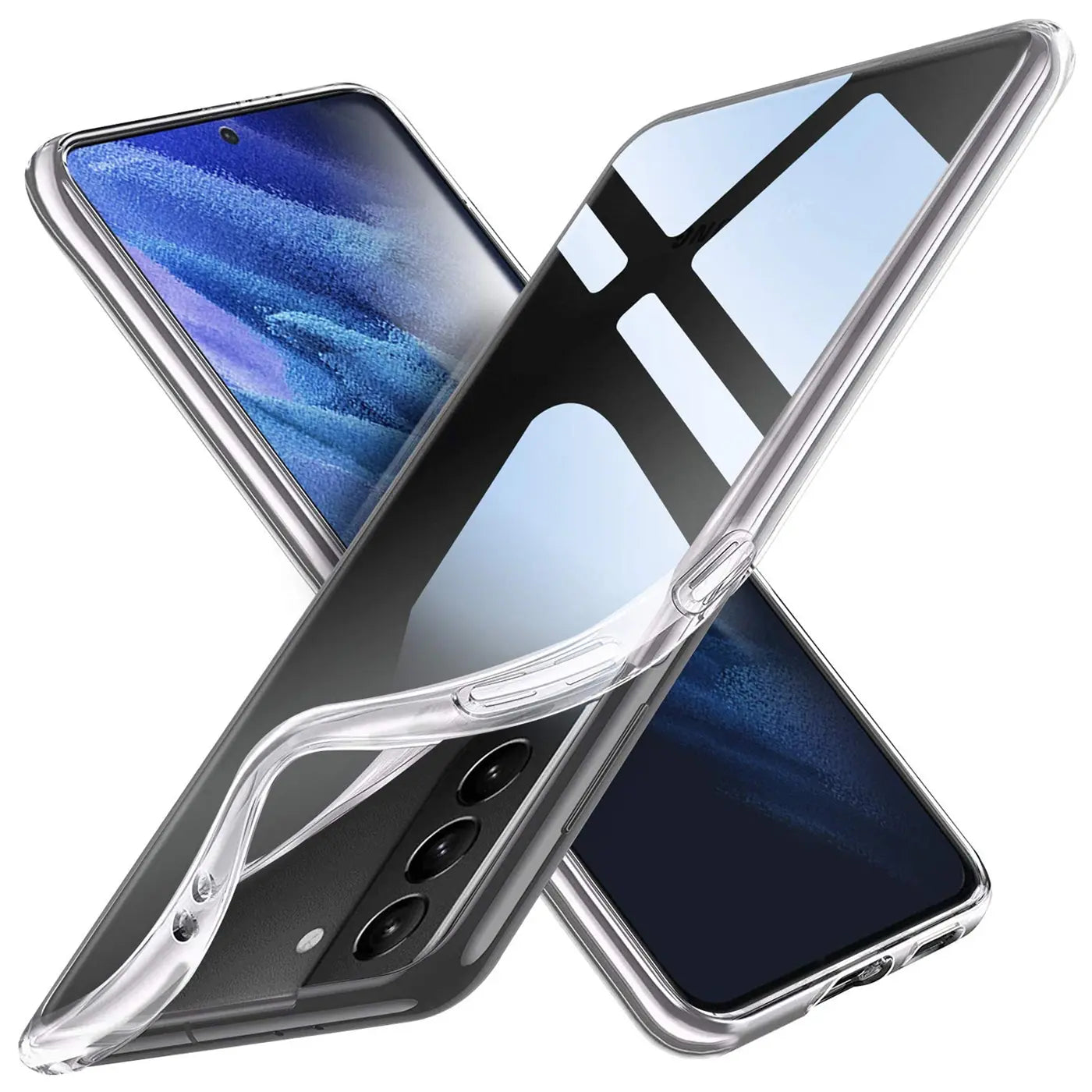 Klares, flexibles Handyhülle aus Kunststoff, von vorne schräg, zeigt Samsung Galaxy S21 Plus