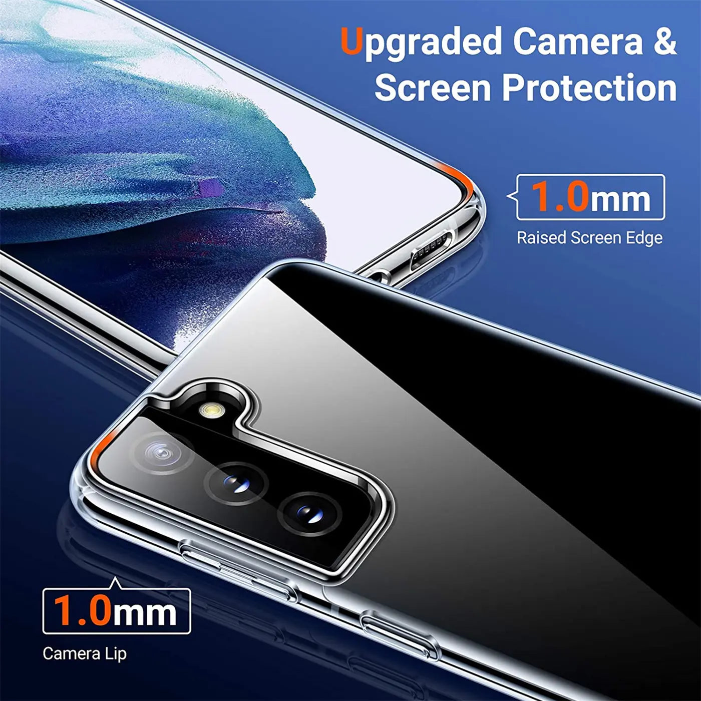 Klares Handyhülle aus Kunststoff, zeigt Rückseite und Kamera eines Samsung Galaxy S21 Plus.