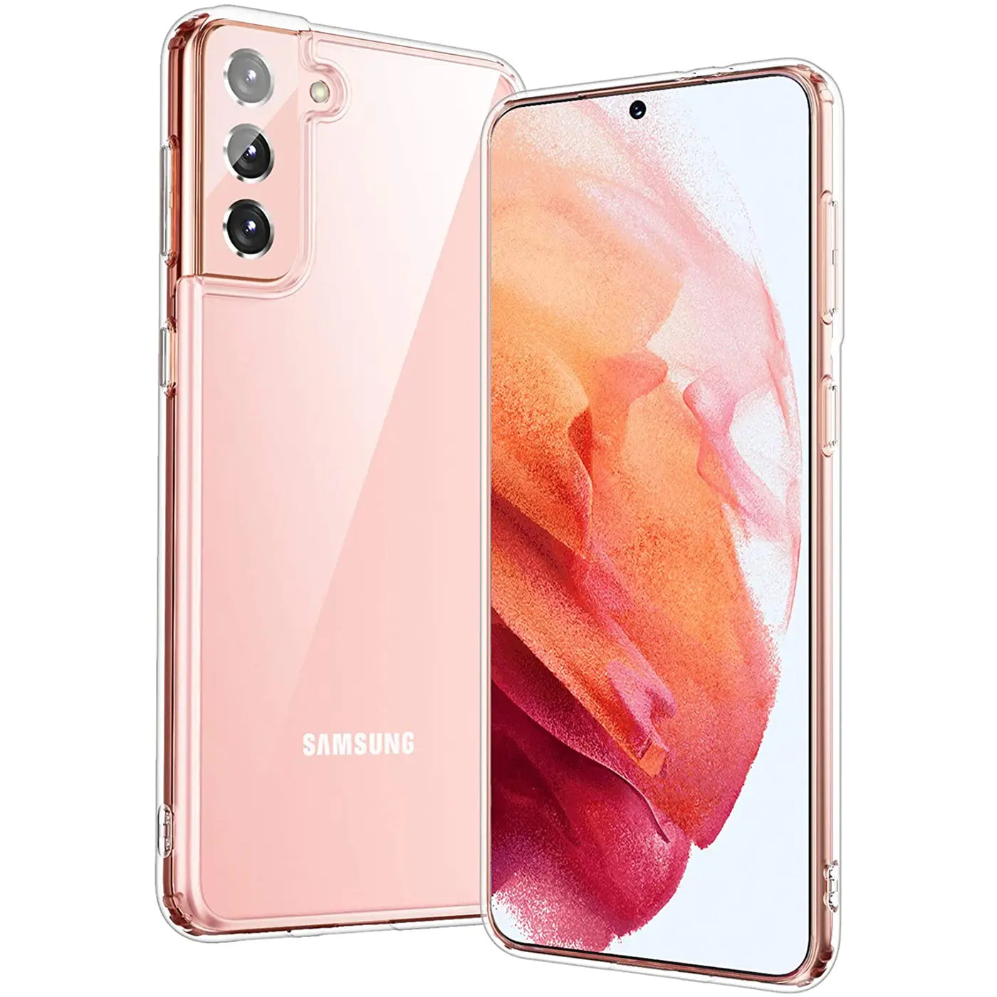 Samsung Galaxy S21 in klarer Hülle, von schräg vorn, mit Fokus auf Rückseite und Display.