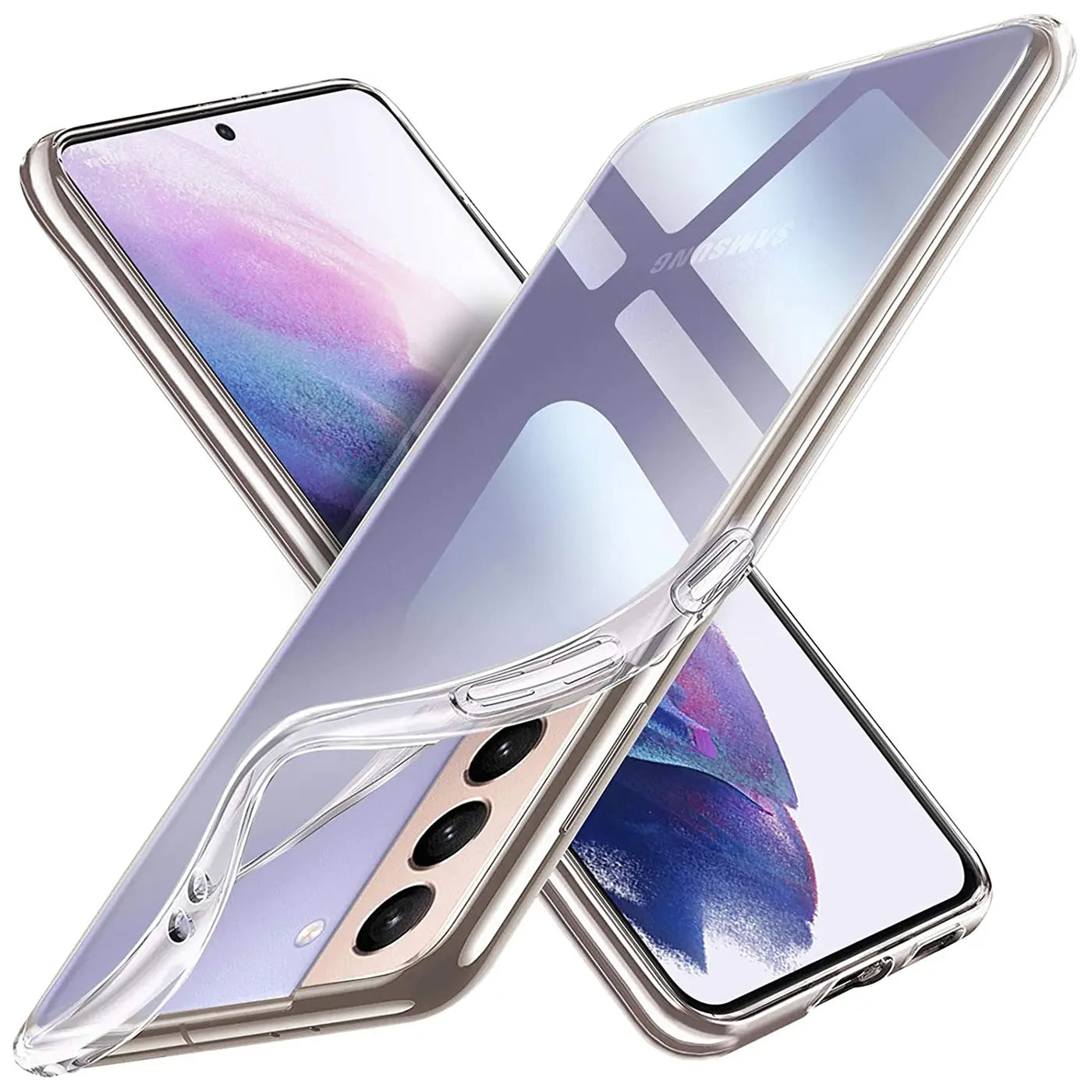 Klares Silikon-Case über Samsung Galaxy S21, Nahaufnahme, von oben.