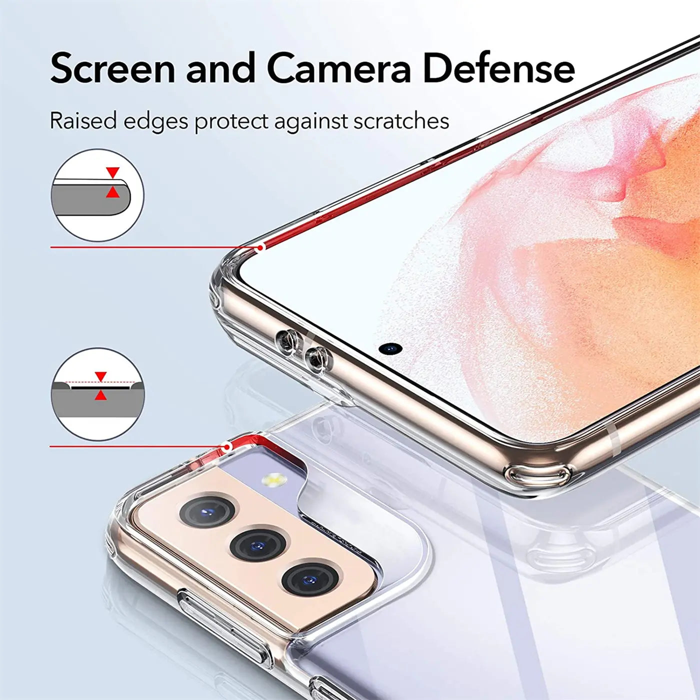 Klarer Handyhülle mit roten Akzenten, zeigt Samsung S21 von oben und hinten.