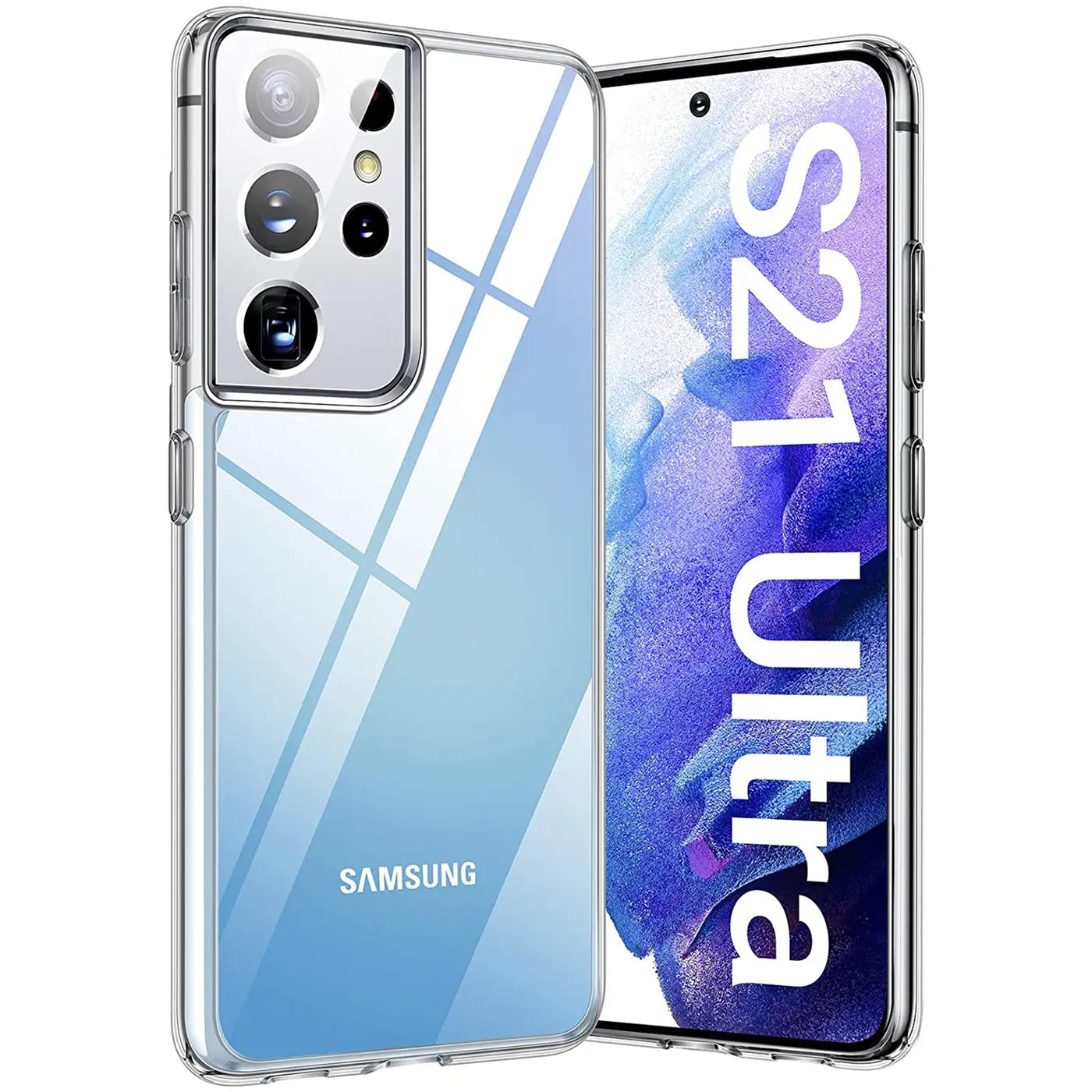 Klarhülle aus Kunststoff für Samsung Galaxy S21 Ultra, von vorne/seitlich gezeigt.