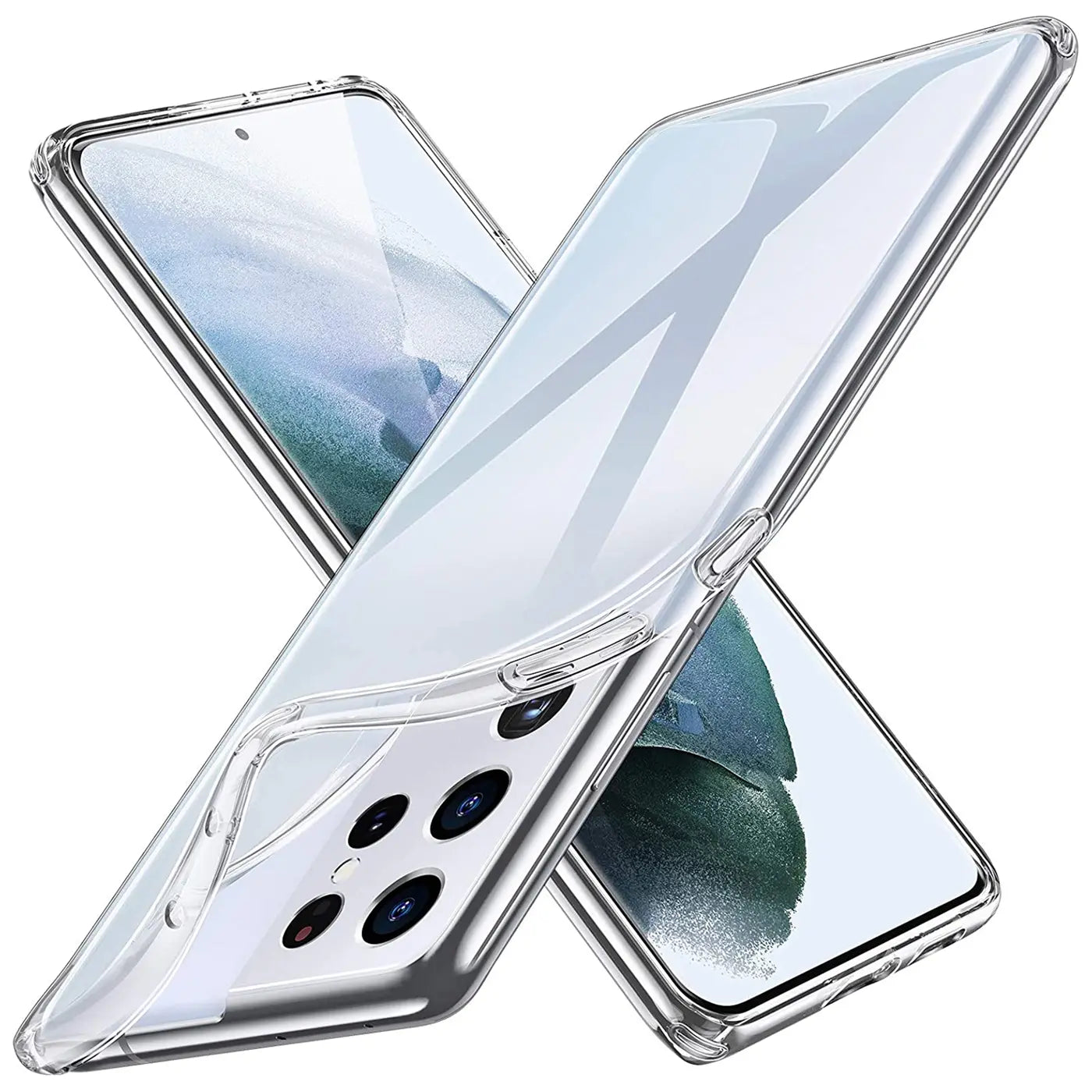 Zwei transparente Hüllen aus Kunststoff liegen über einem Samsung Galaxy S21 Ultra.