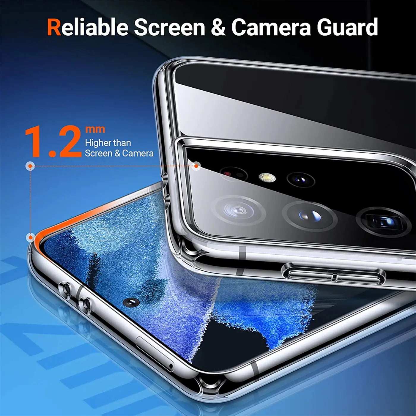 Klarer Handyhülle aus Kunststoff, zeigt Rückseite und Bildschirm eines Samsung Galaxy S21 Ultra.