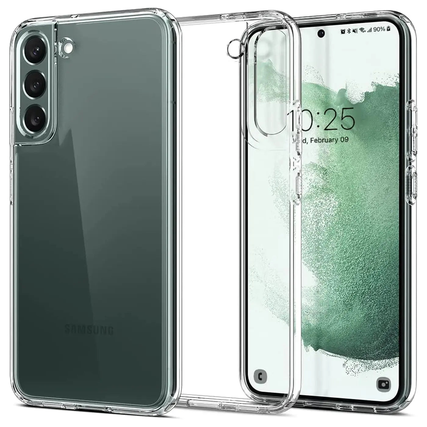 Klarhülle aus Kunststoff für Samsung Galaxy S22 Plus, von vorne und hinten gezeigt.