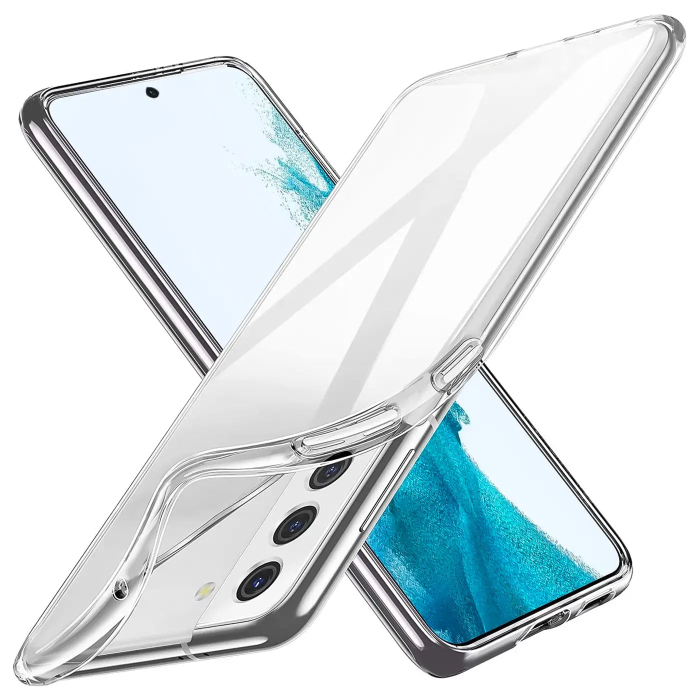 Transparente Hülle aus Kunststoff, schräg von oben, zeigt Samsung Galaxy S22 Plus Rückseite und Display.