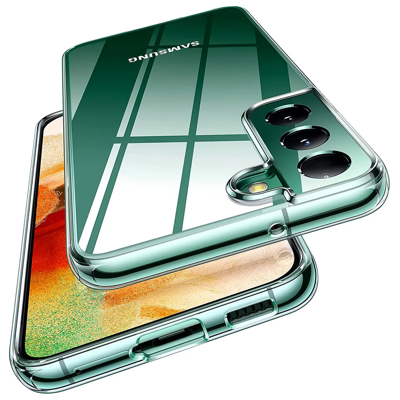 Grüne, transparente Handyhülle aus Kunststoff mit Samsung Galaxy S22, Nahaufnahme.