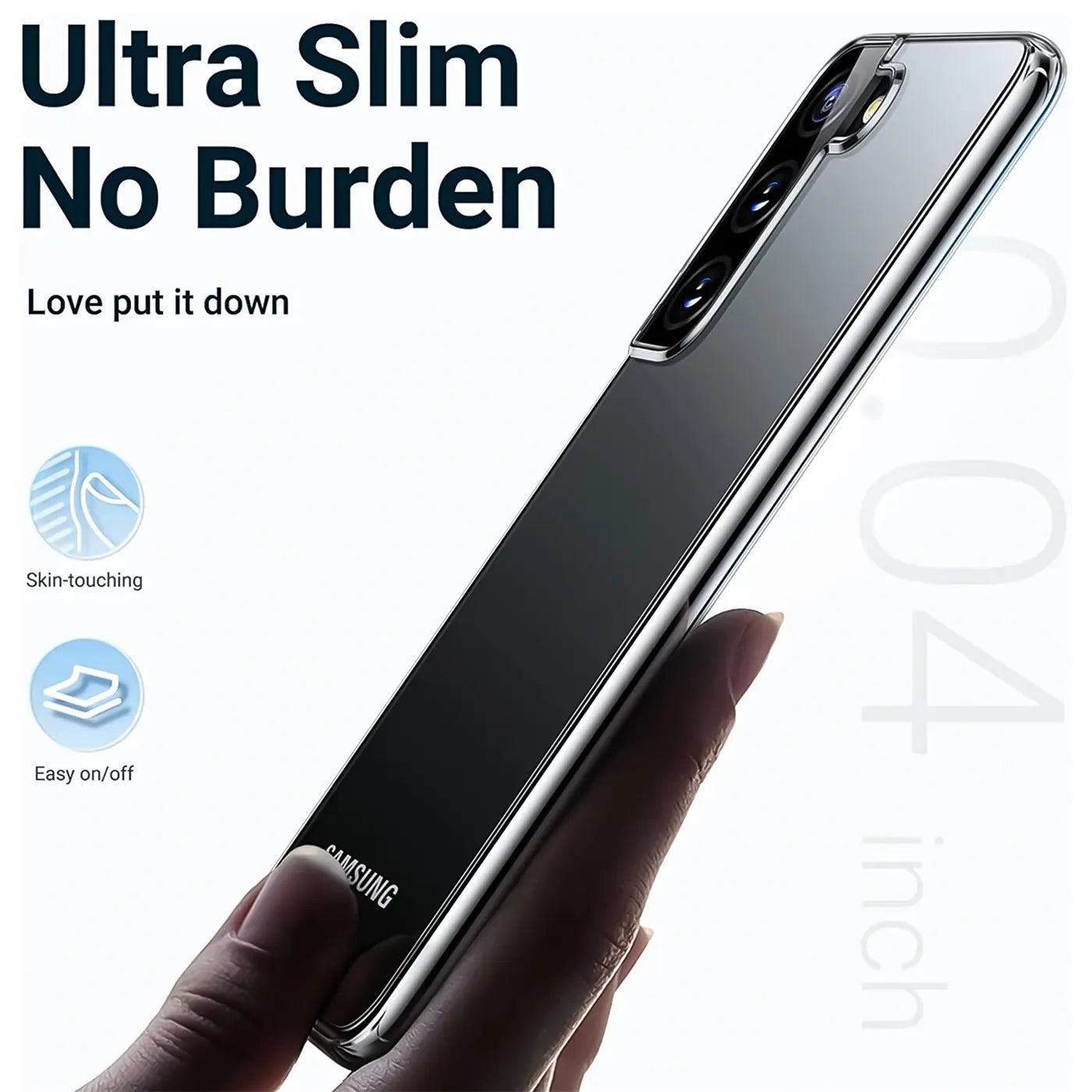 Transparente Hülle aus Kunststoff, die ein Samsung Galaxy S22 zeigt, von schräg oben fotografiert.