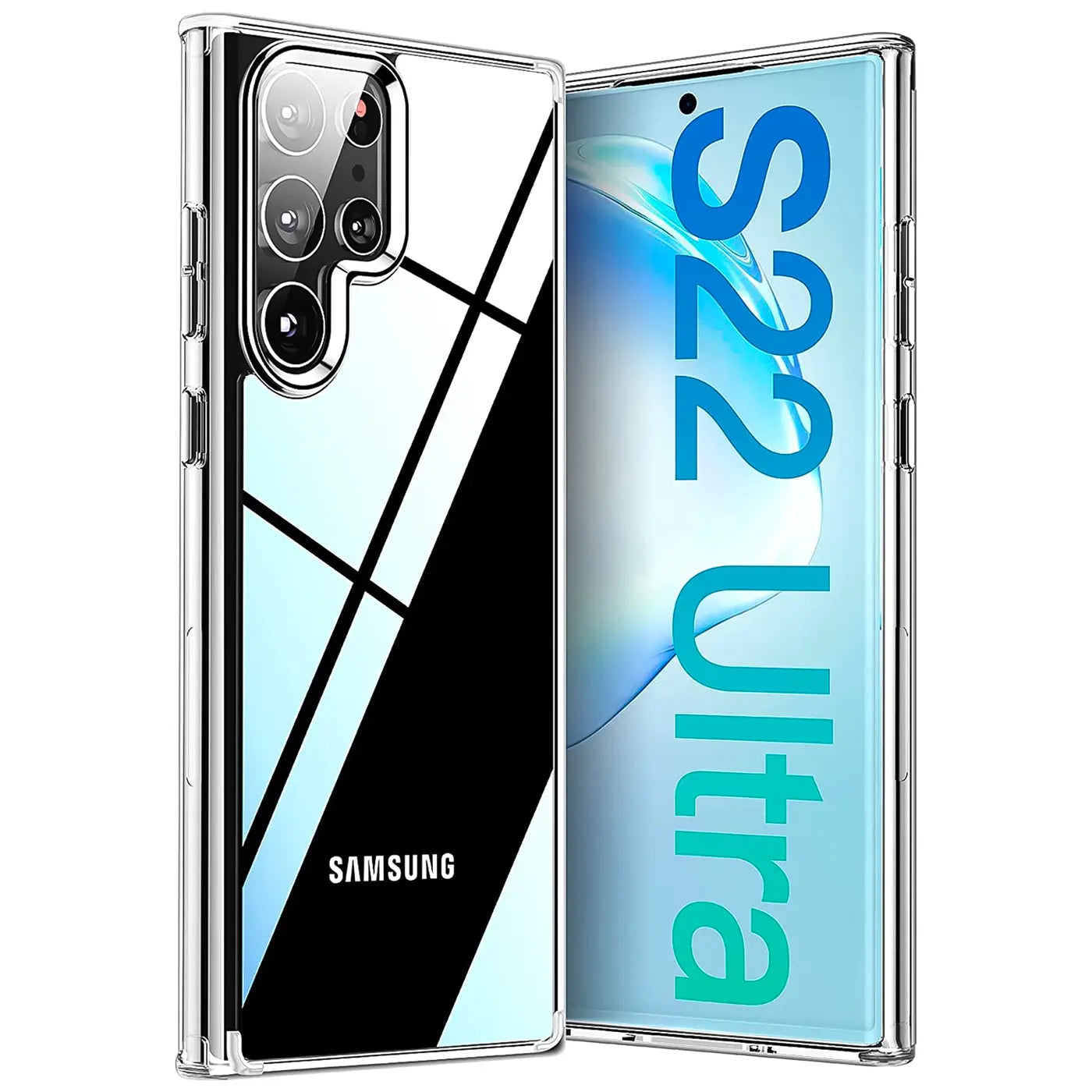 Samsung S22 Ultra mit transparentem Slim Case, Rückseite mit Spiegel-Design, Vorderseite mit Schriftzug.