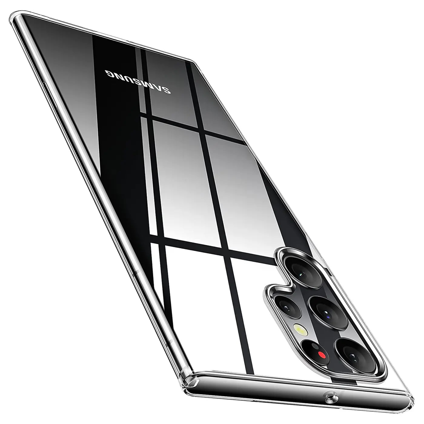 Klares Slim Case aus Kunststoff für Samsung Galaxy S22 Ultra, Rückansicht, schräg