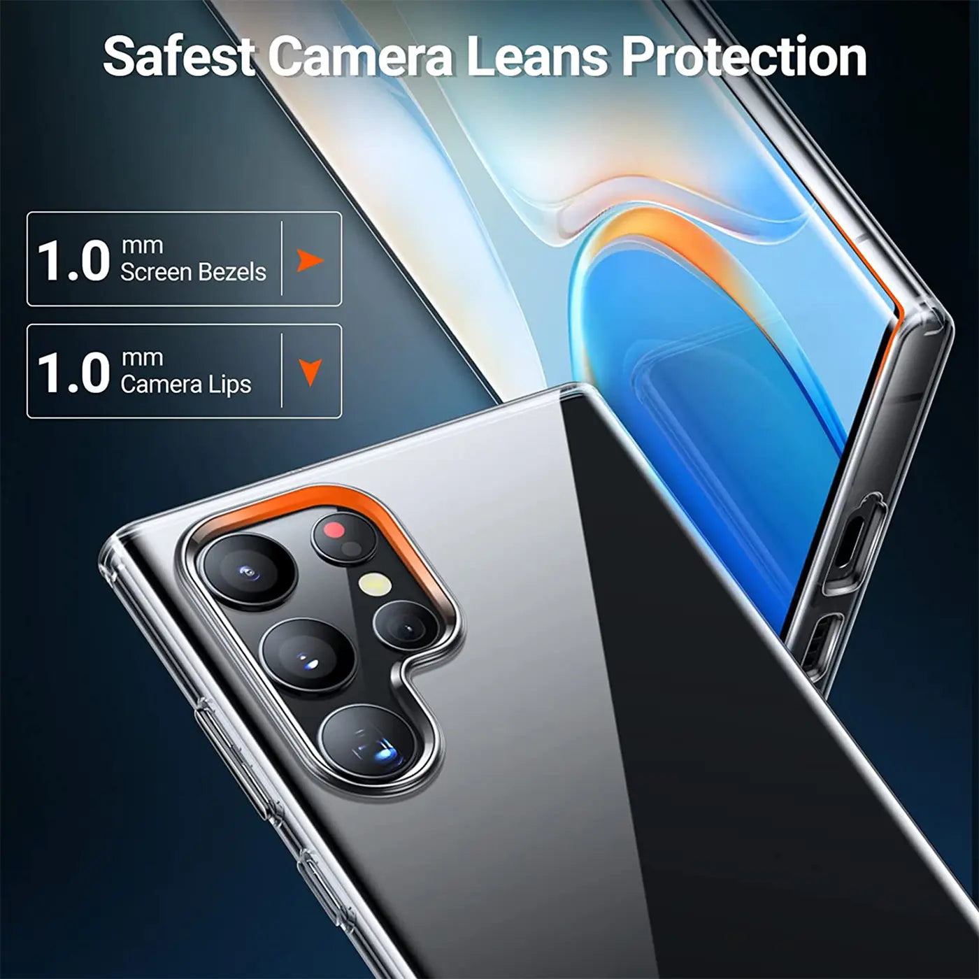 Samsung Galaxy S22 Ultra in klarer Hülle, Rückansicht, Nahaufnahme.