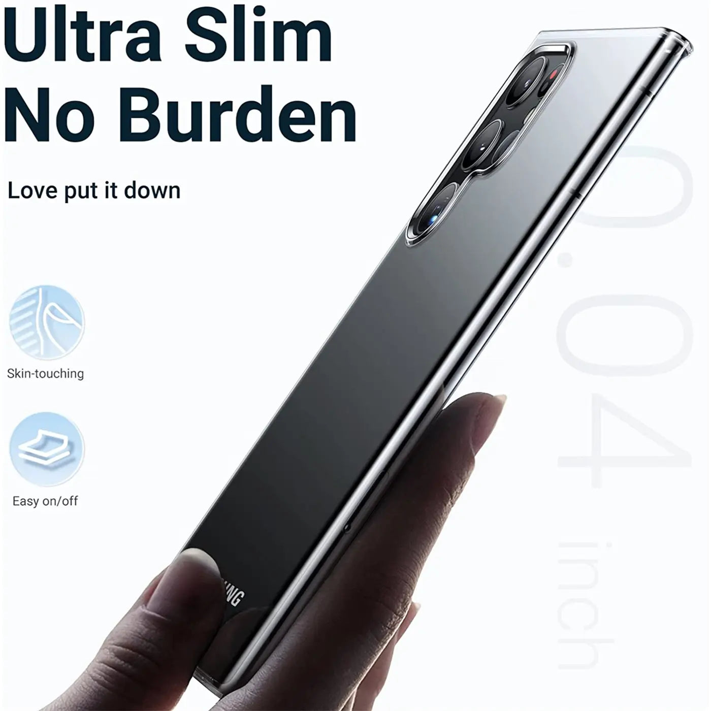 Samsung Galaxy S22 Ultra in durchsichtiger Hülle, von oben, aus Kunststoff.