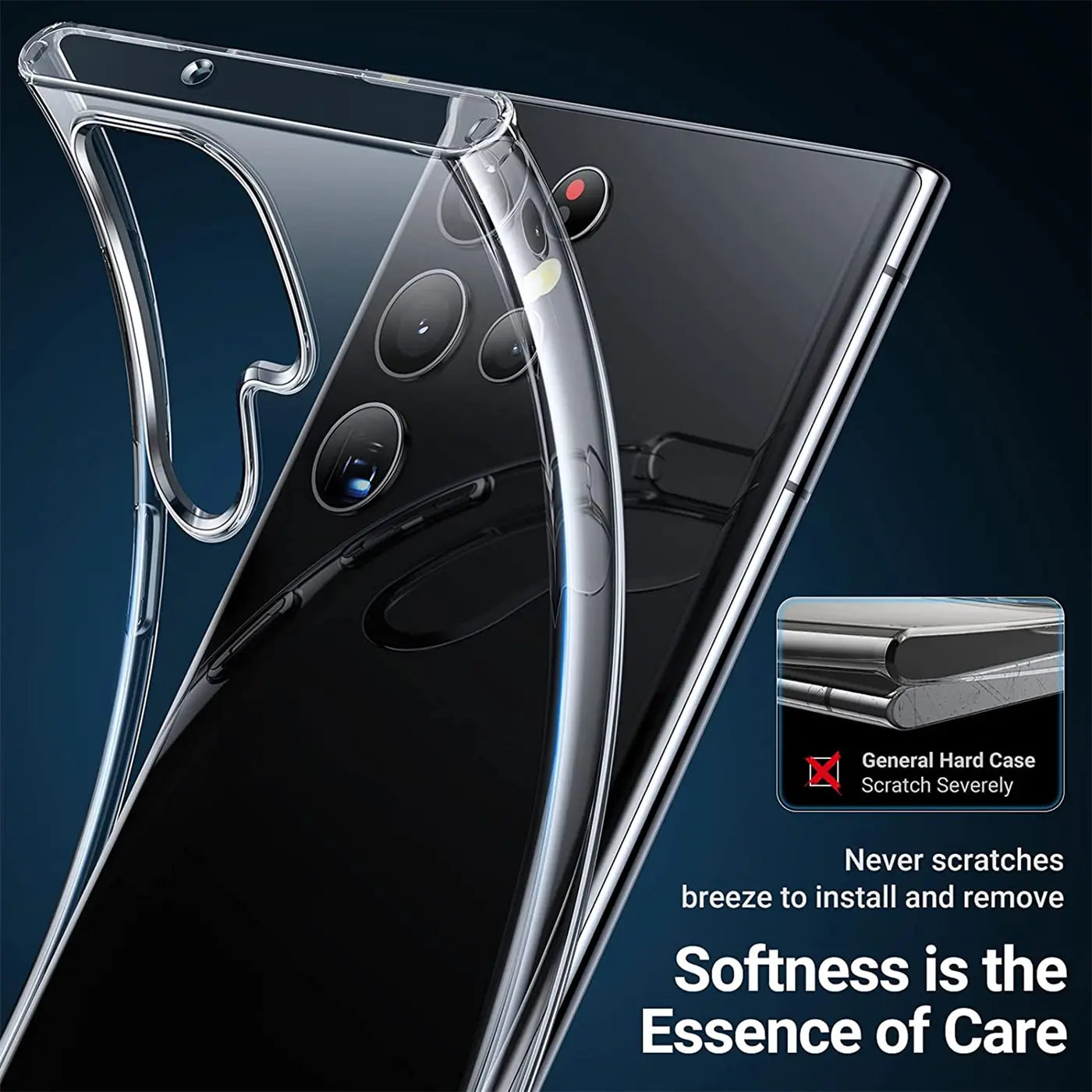 Transparente Hülle aus Kunststoff, die ein Samsung Galaxy S22 Ultra umschließt. Von schräg oben.