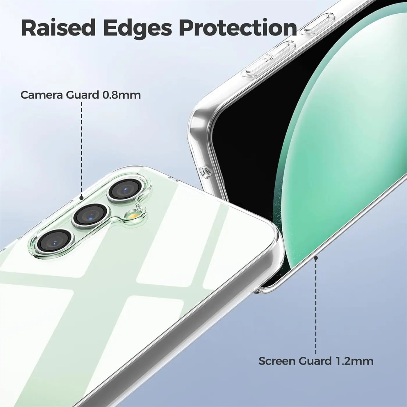 Klares Handycase aus Kunststoff, Nahaufnahme der Rückseite mit Kameras, Samsung Galaxy S23 FE.