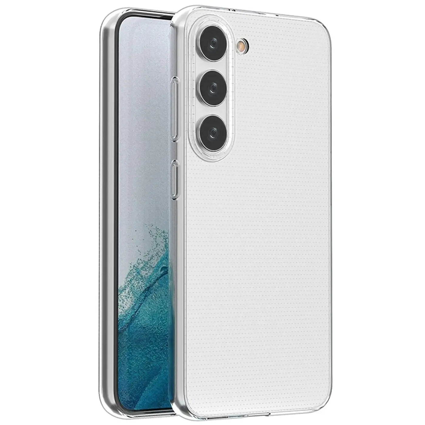 Klares, transparentes Handycase aus Kunststoff, von schräg vorne, mit Samsung Galaxy S23.