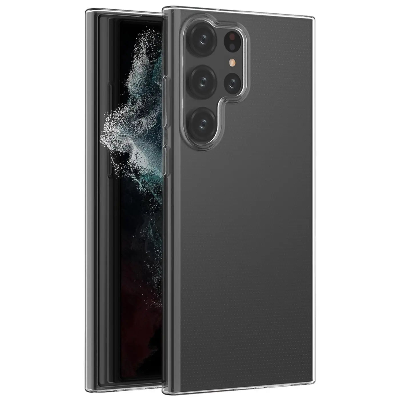 Graues, transparentes Slim Case aus Kunststoff für Samsung Galaxy S23 Ultra, Rückansicht.