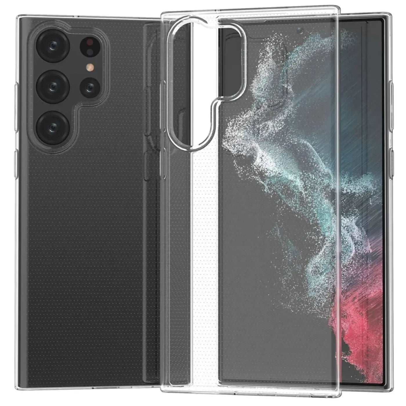 Klar transparente Hülle aus Kunststoff, seitliche Ansicht, zeigt Samsung S23 Ultra.