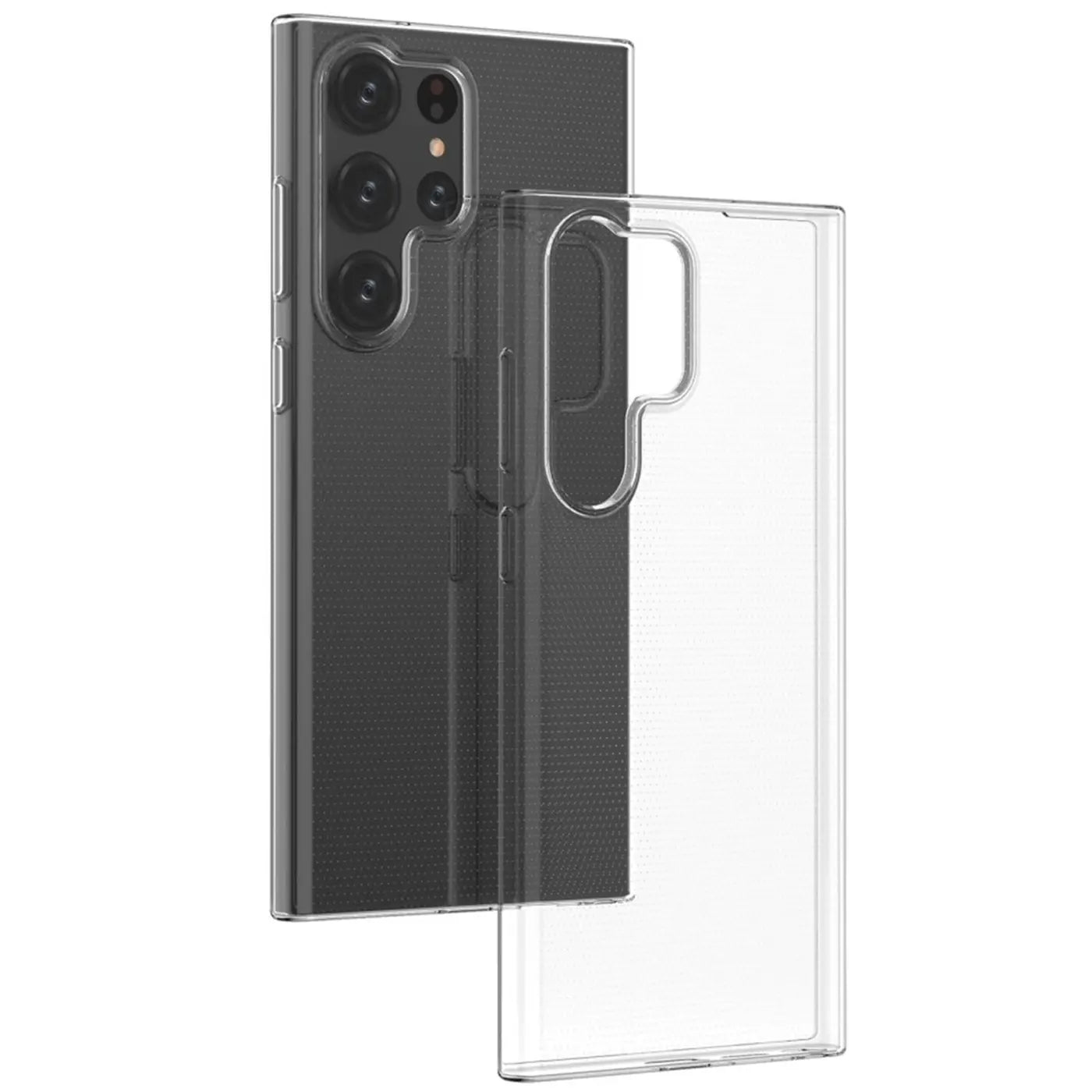 Samsung Galaxy S23 Ultra mit transparentem Slim Case, von schräg oben, Kunststoff