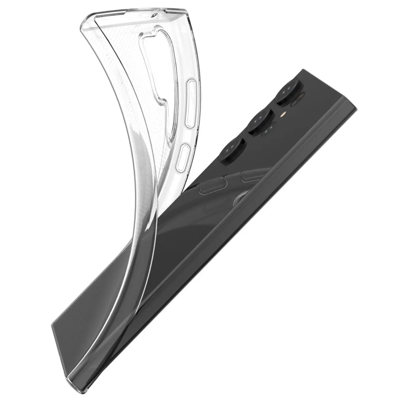 Transparente Hülle aus Silikon, leicht gebogen, auf einem schwarzen Samsung S23 Ultra.