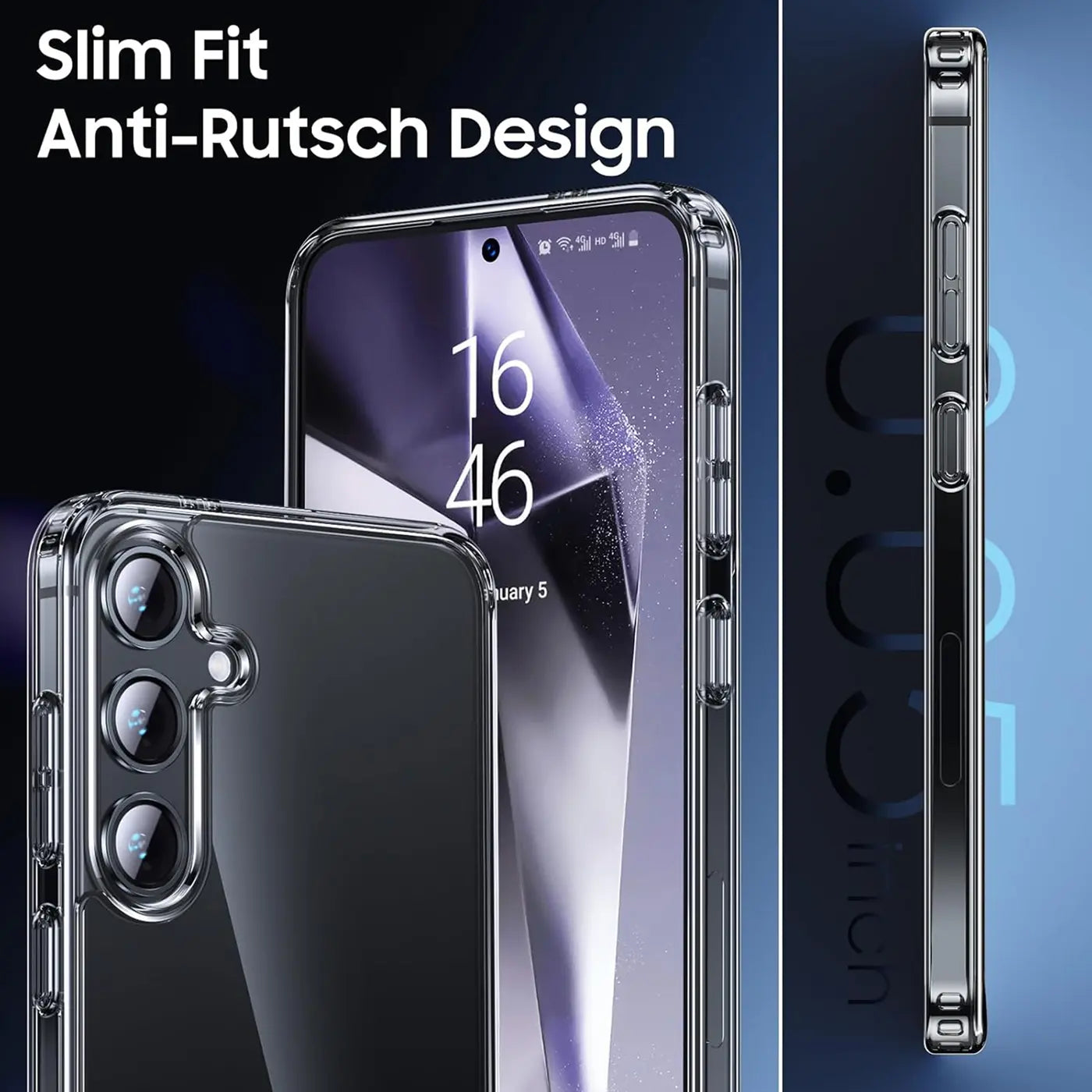 Klarhülle aus TPU für Samsung Galaxy S24 FE, Rückseite und Seitenansicht.