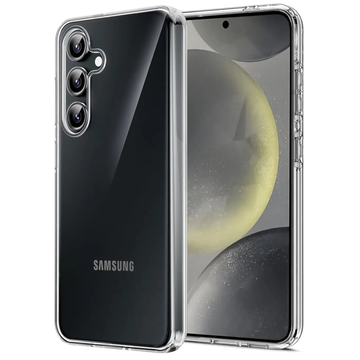 Klarhülle aus Kunststoff, Rückseite und Vorderseite eines Samsung Galaxy S24 Plus, von schräg vorne