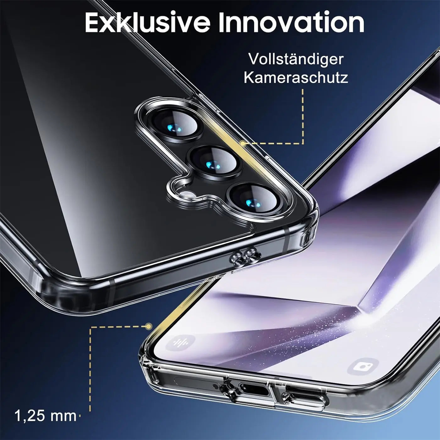 Klar, transparentes Handycase aus Kunststoff mit Kamera-Aussparung, zeigt Samsung Galaxy S24 Plus.