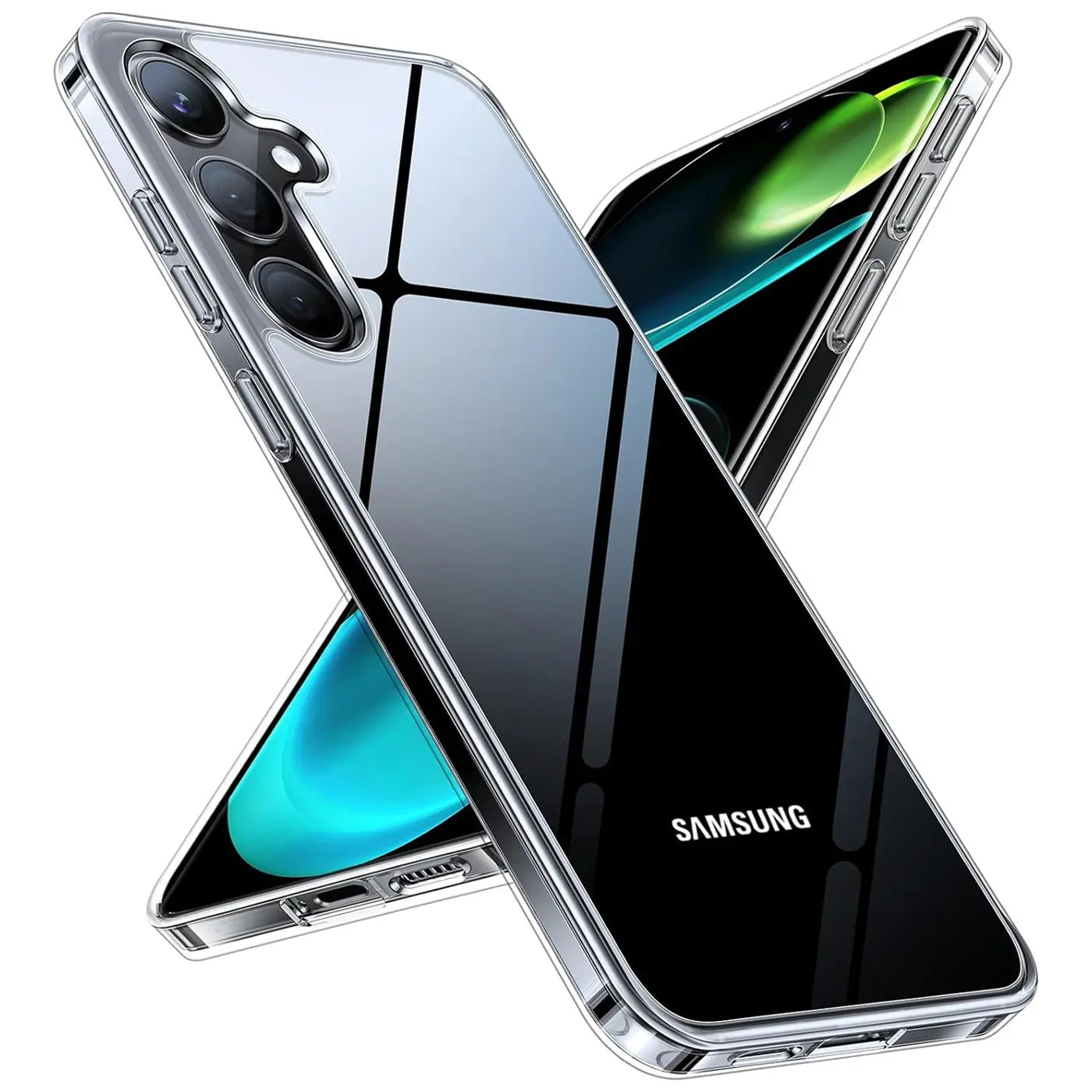 Klares Handyhülle aus Kunststoff, schräg von vorne, zeigt Samsung Galaxy S24 Plus.