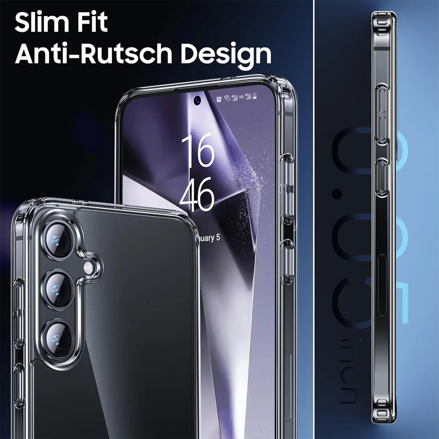 Klares Slim-Case aus Kunststoff, zeigt Rückseite und Seitenansicht eines Samsung Galaxy S24.