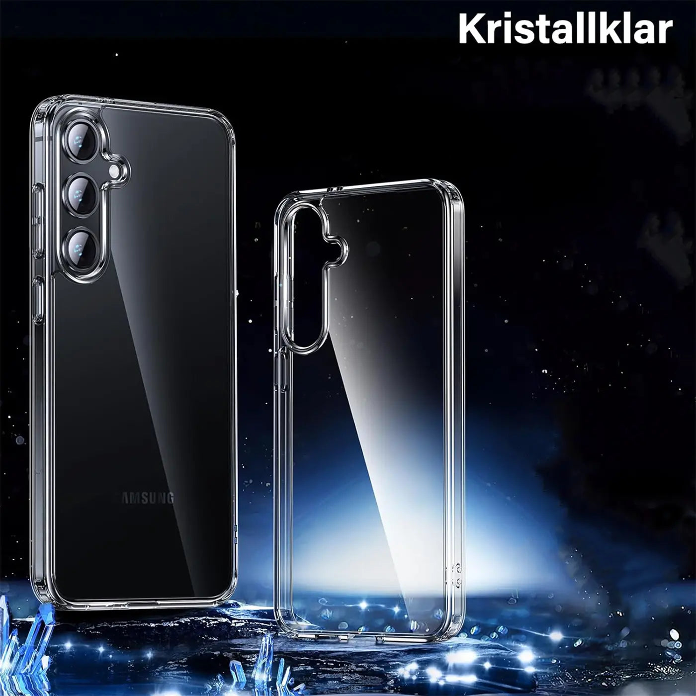 Transparente Hülle aus Kunststoff für Samsung Galaxy S24, von vorne und seitlich gezeigt.
